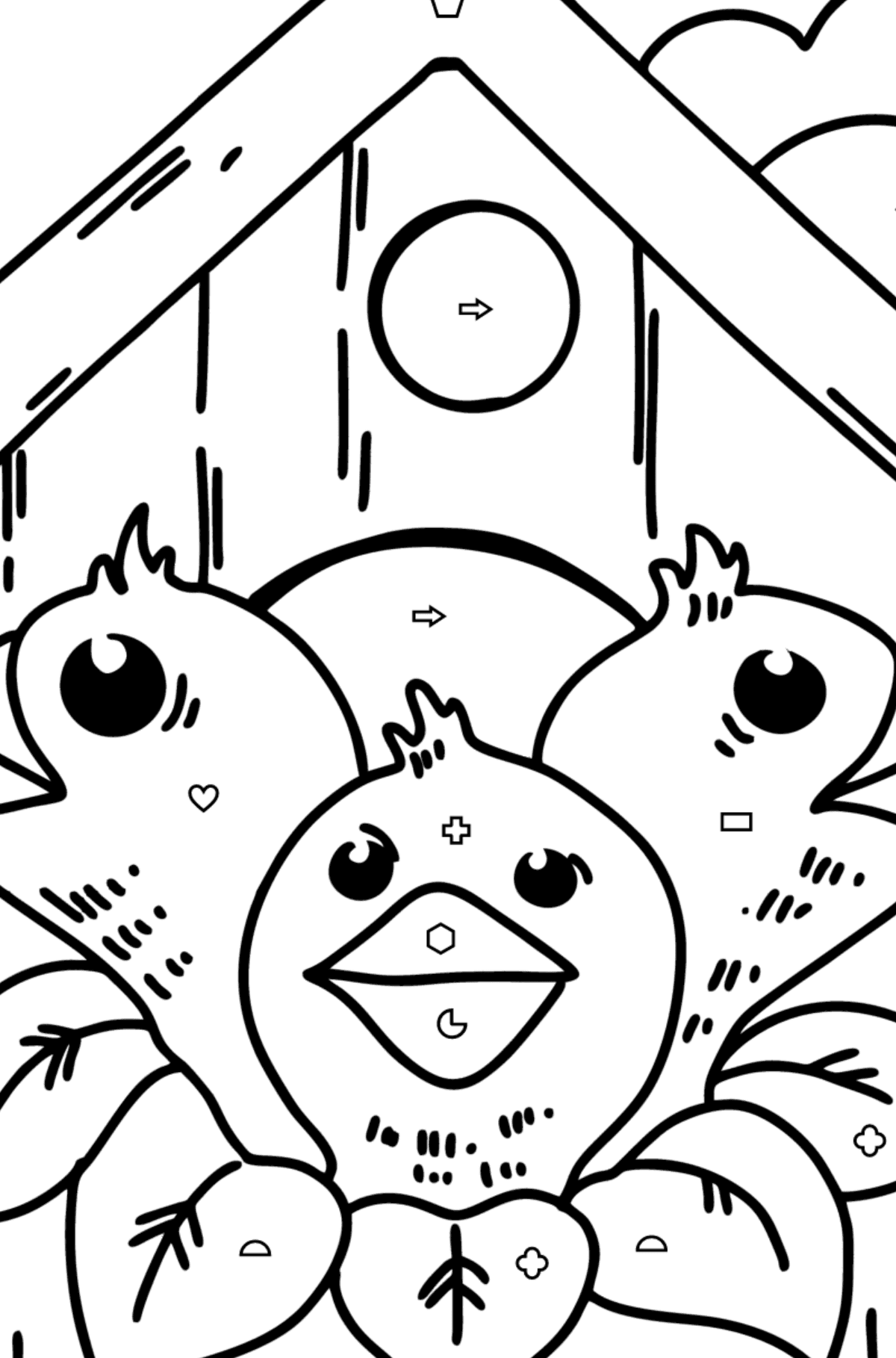 Chicks in a Birdhouse coloring page - Coloring by Geometric Shapes for Kids
