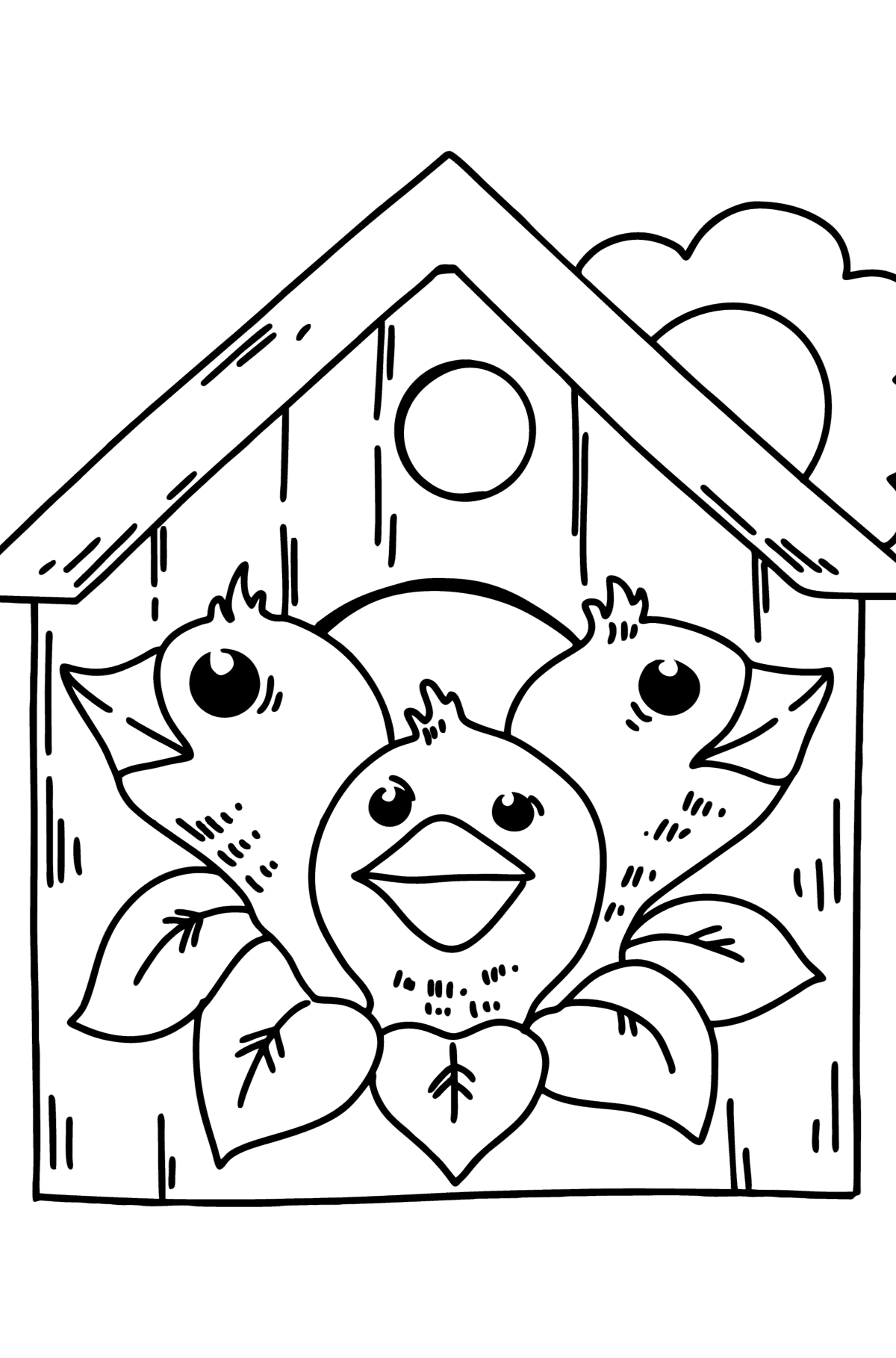 Boyama sayfası kuş evindeki civcivler - Boyamalar çocuklar için