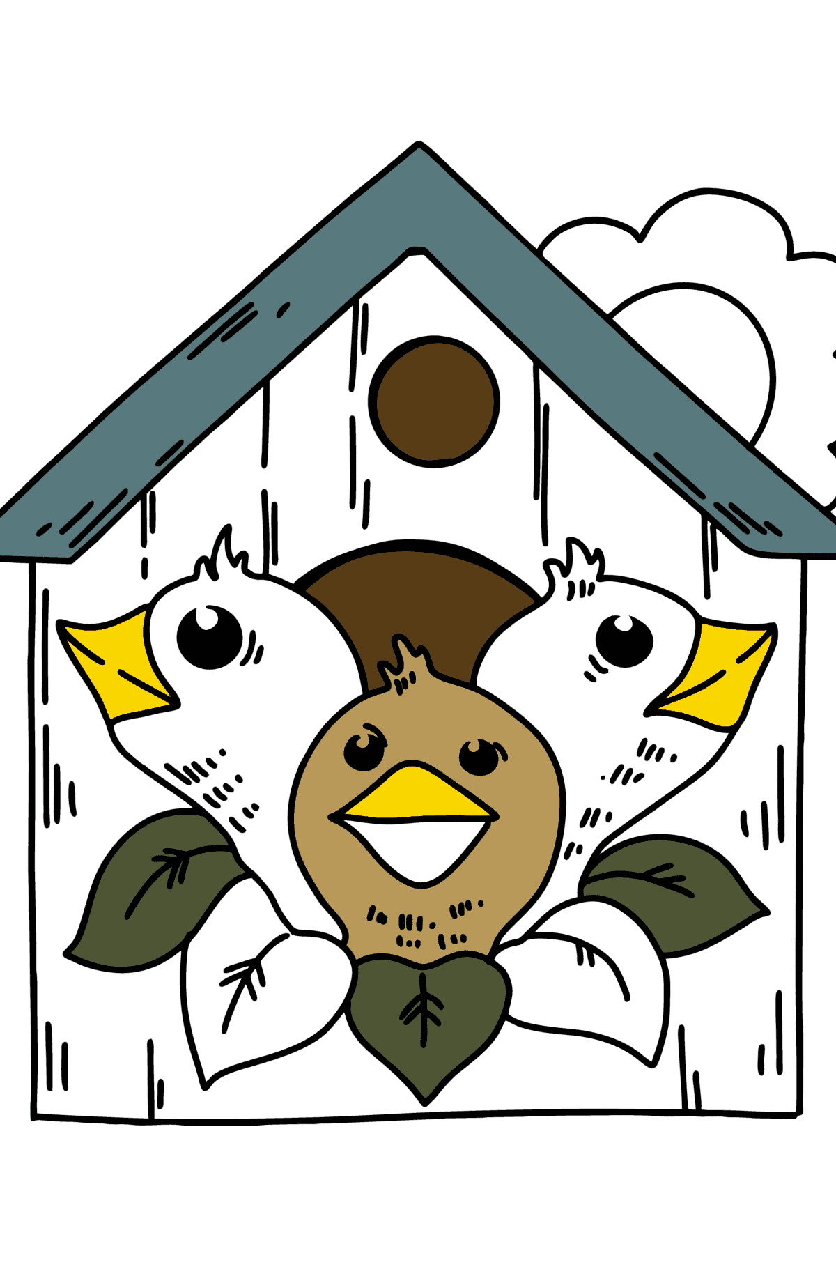 Ausmalbild Küken in einem Vogelhaus - Malvorlagen für Kinder