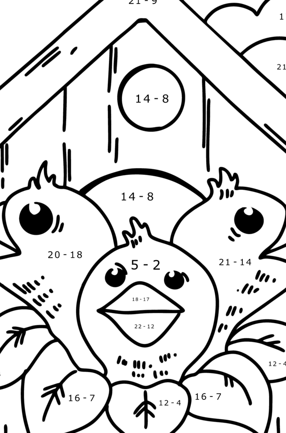 Chicks in a Birdhouse coloring page - Math Coloring - Subtraction for Kids