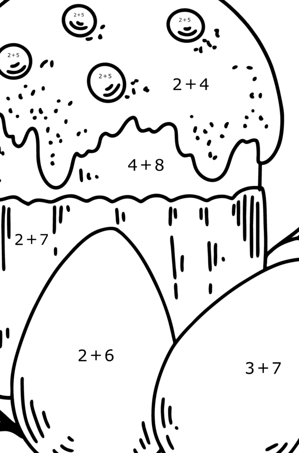 Coloring page - Easter cake and Painted Eggs - Math Coloring - Addition for Kids