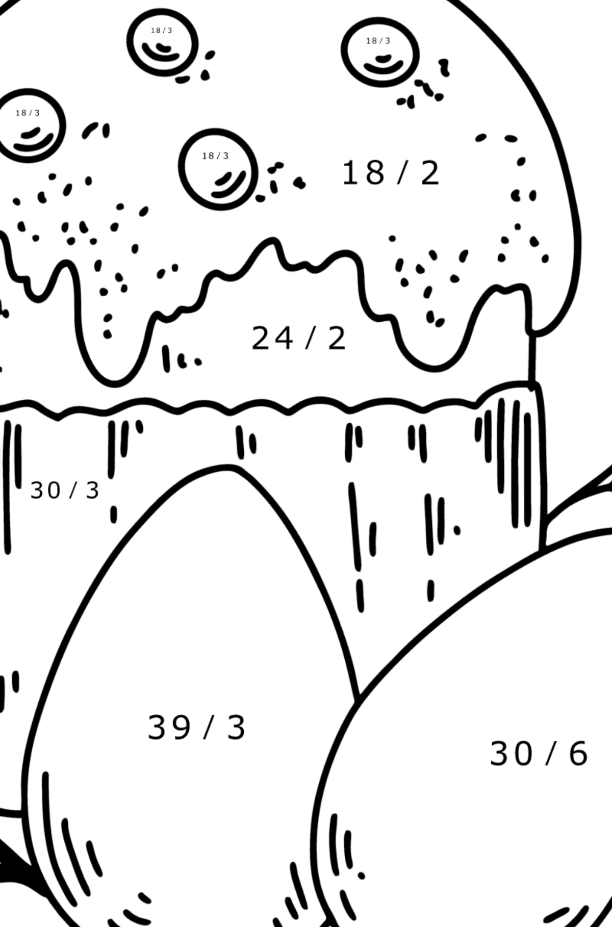 Coloring page - Easter cake and Painted Eggs - Math Coloring - Division for Kids