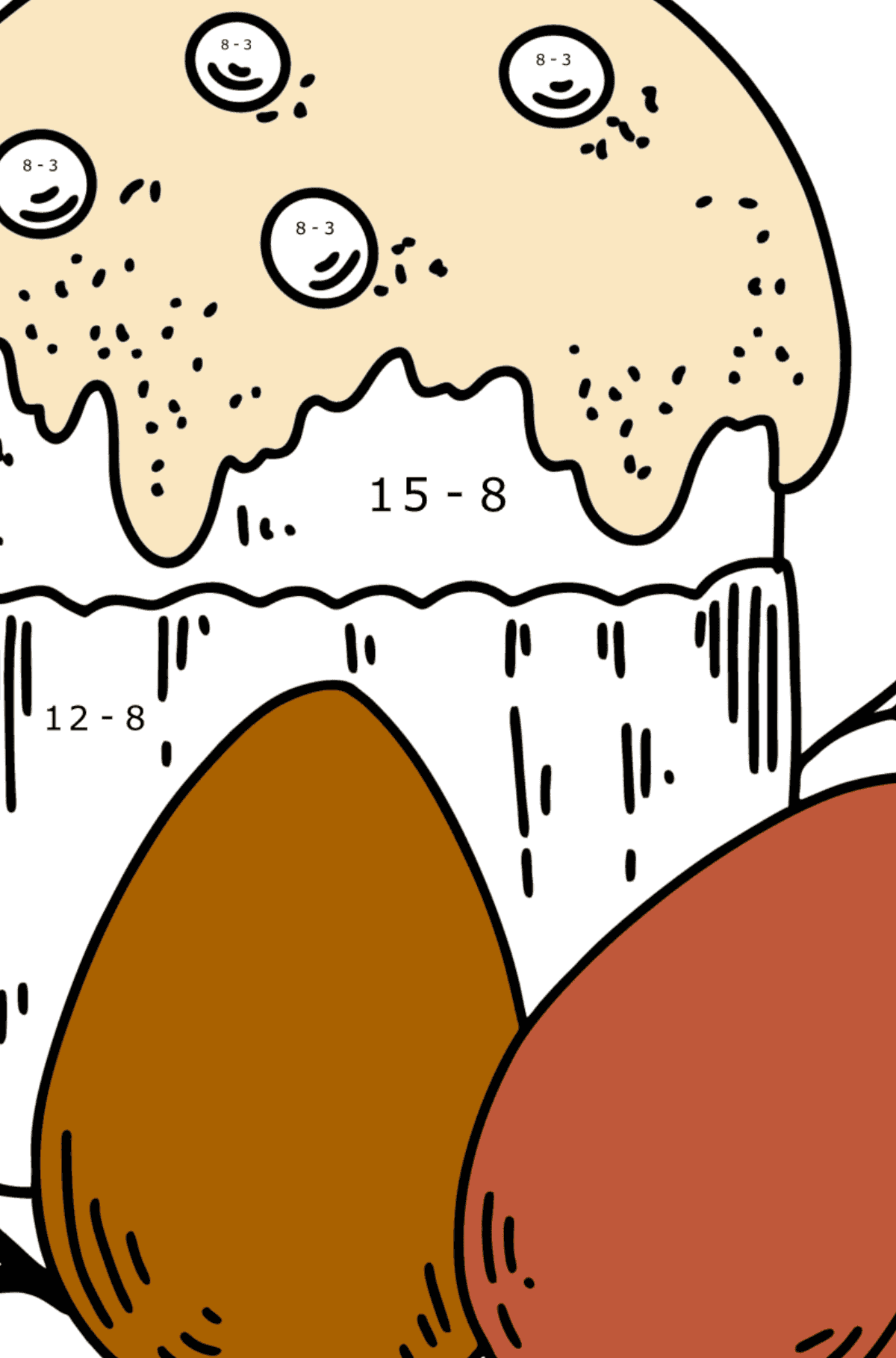 Desenho para colorir - Bolo de Páscoa e Ovos Pintados - Colorindo com Matemática - Subtração para Crianças