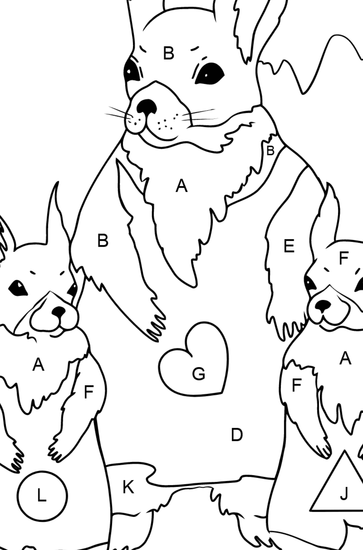Frühlings Ausmalbild - Schöne Eichhörnchen - Ausmalen nach Buchstaben für Kinder
