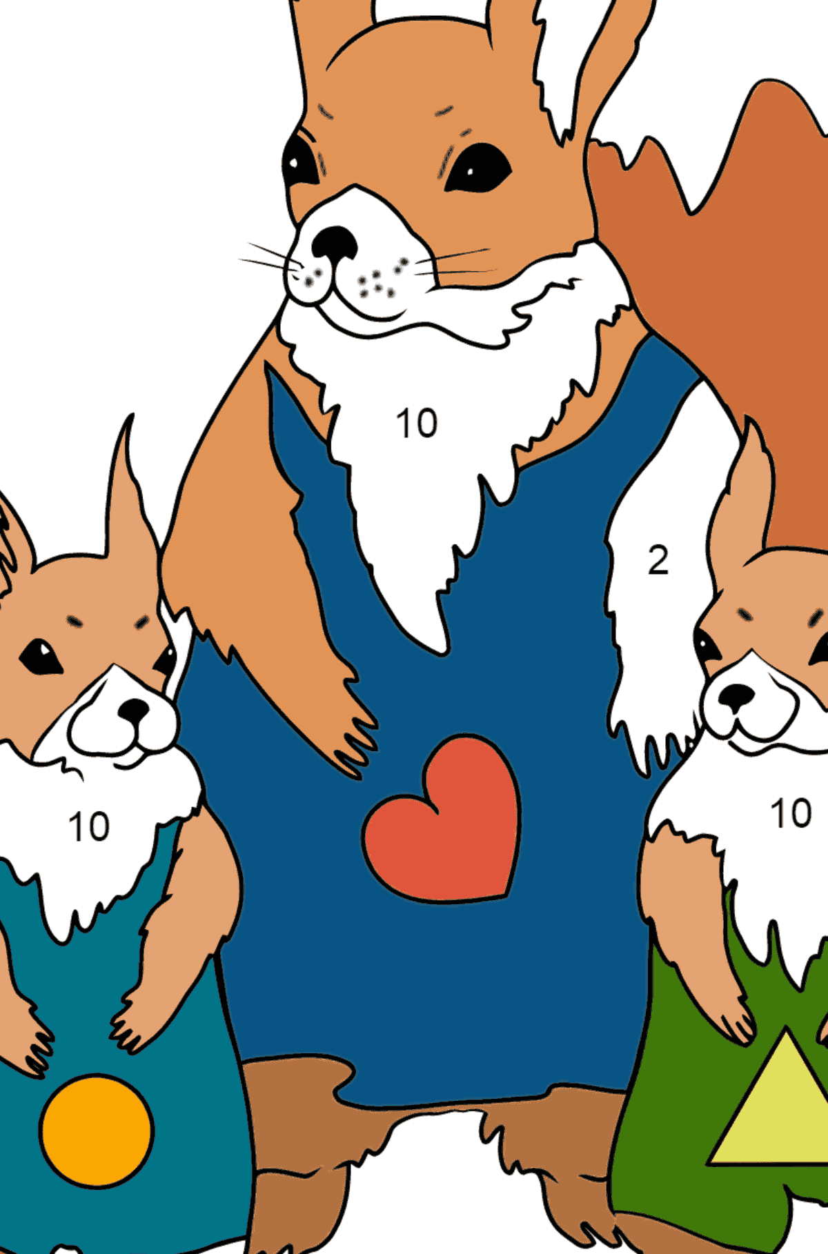 Frühlings Ausmalbild - Schöne Eichhörnchen - Malen nach Zahlen für Kinder