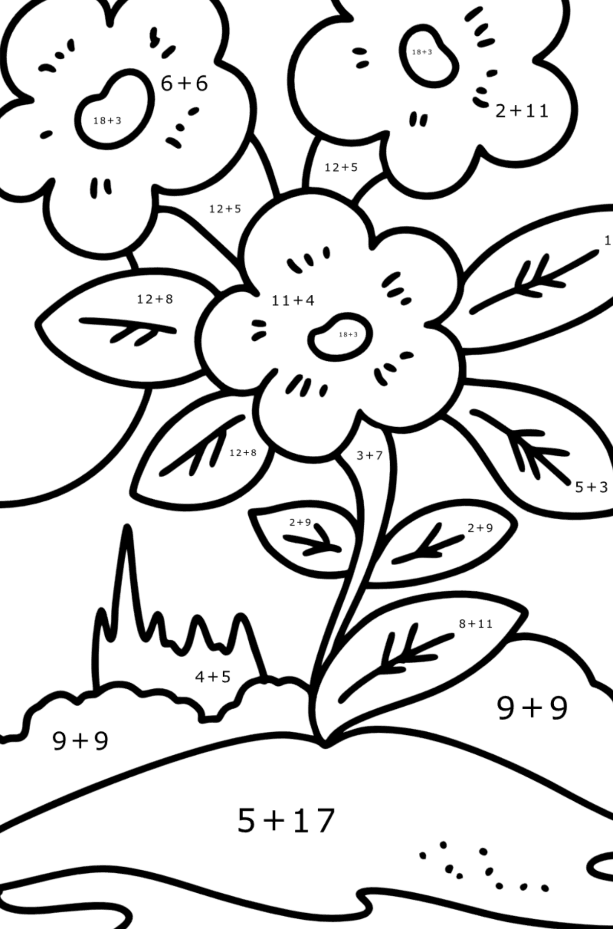 Omalovánka roztomilé jarní květiny - Matematická Omalovánka - Sčítání pro děti