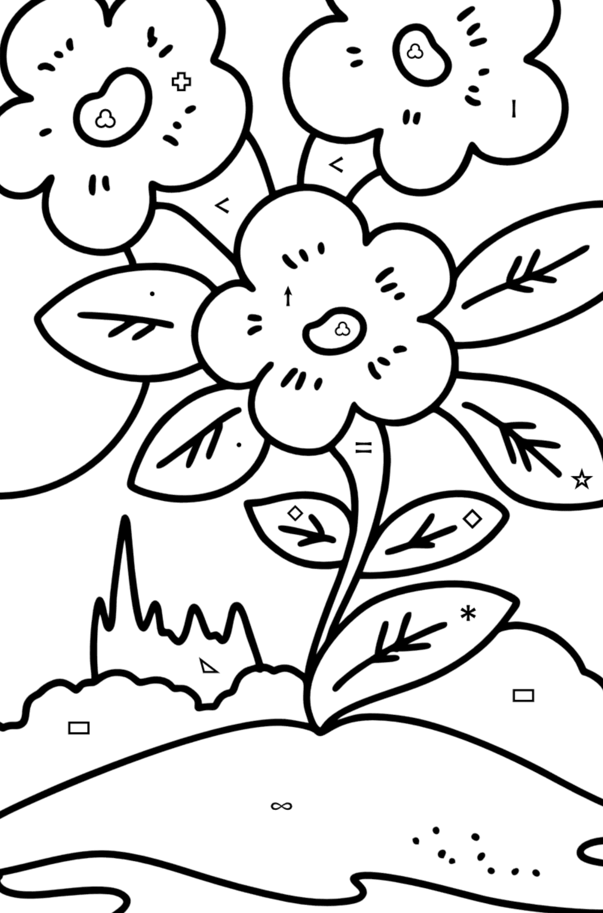 Omalovánka roztomilé jarní květiny - Omalovánka podle Symbolů a Geometrickým Tvarům pro děti