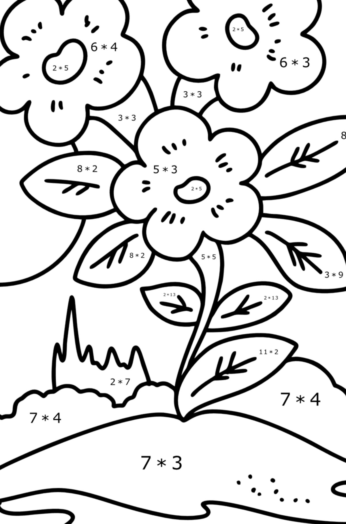 Omalovánka roztomilé jarní květiny - Matematická Omalovánka - Násobení pro děti