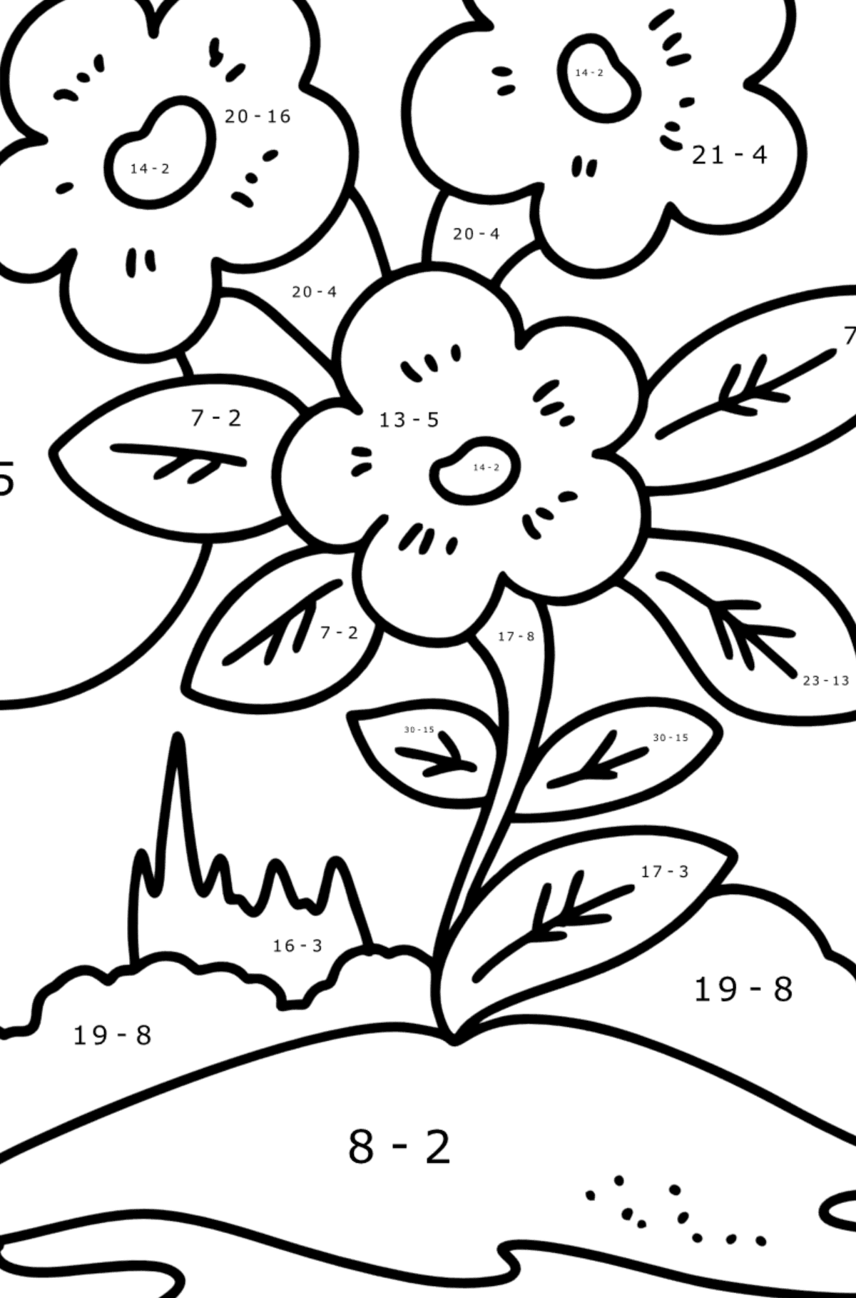 Mewarnai gambar bunga musim semi yang lucu - Pewarnaan Matematika: Pengurangan untuk anak-anak