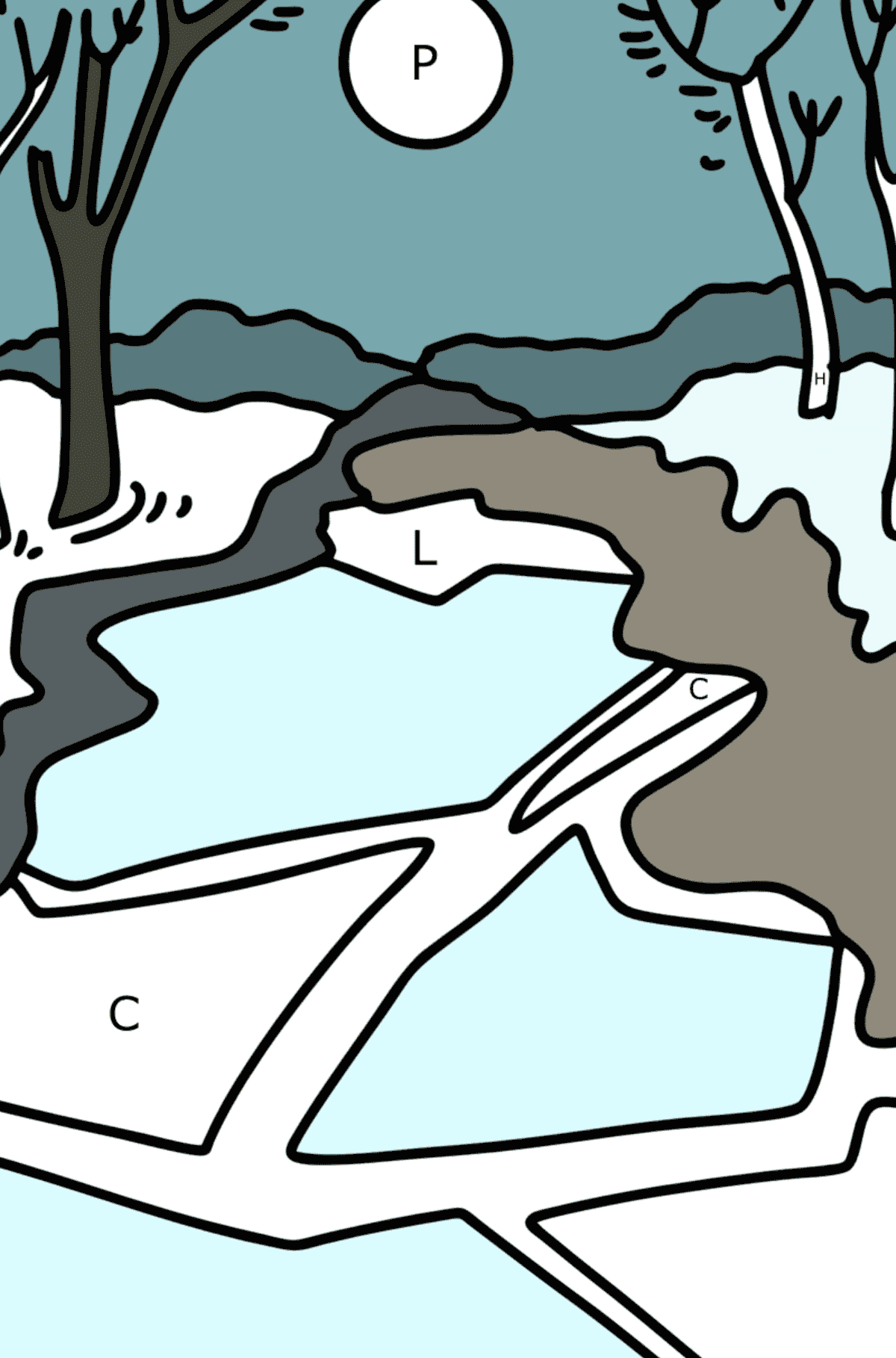 Coloriage de rivière de printemps - Coloriage par Lettres pour les Enfants