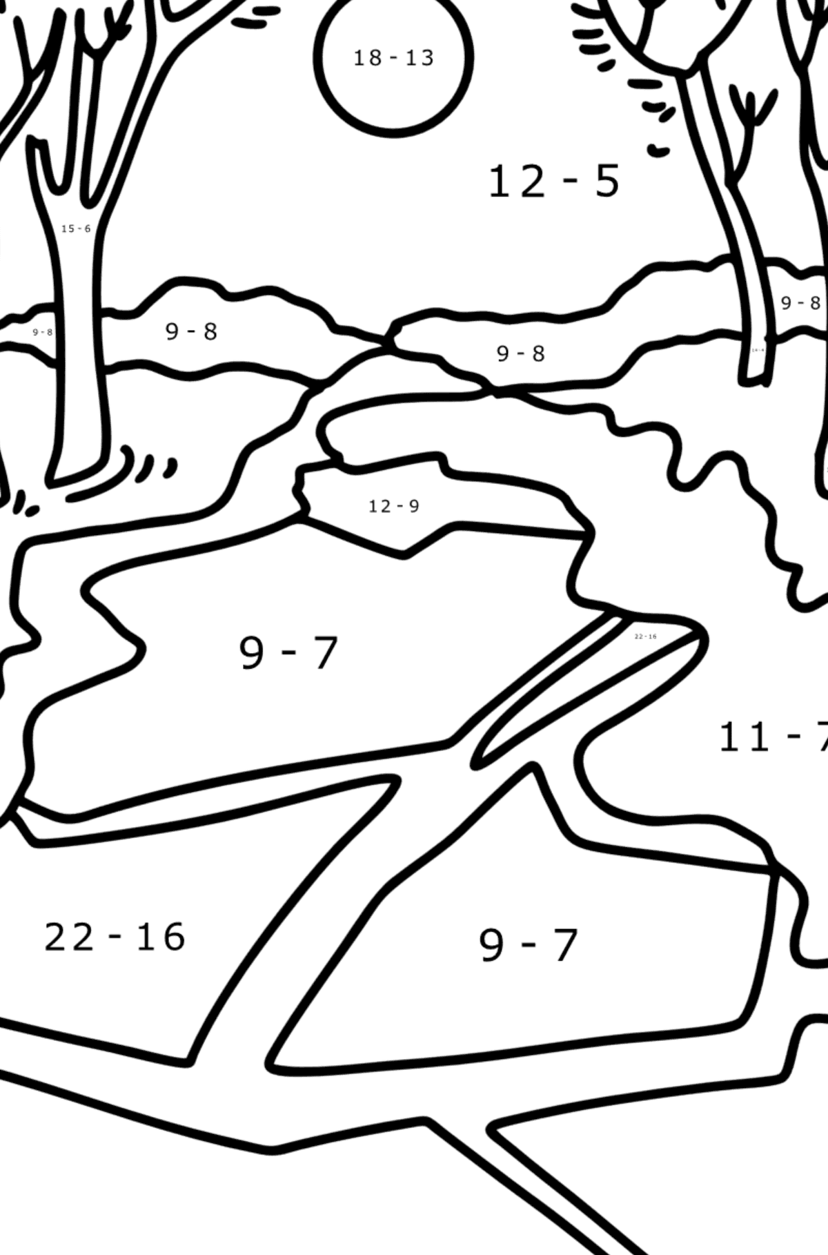 Spring River coloring page - Math Coloring - Subtraction for Kids