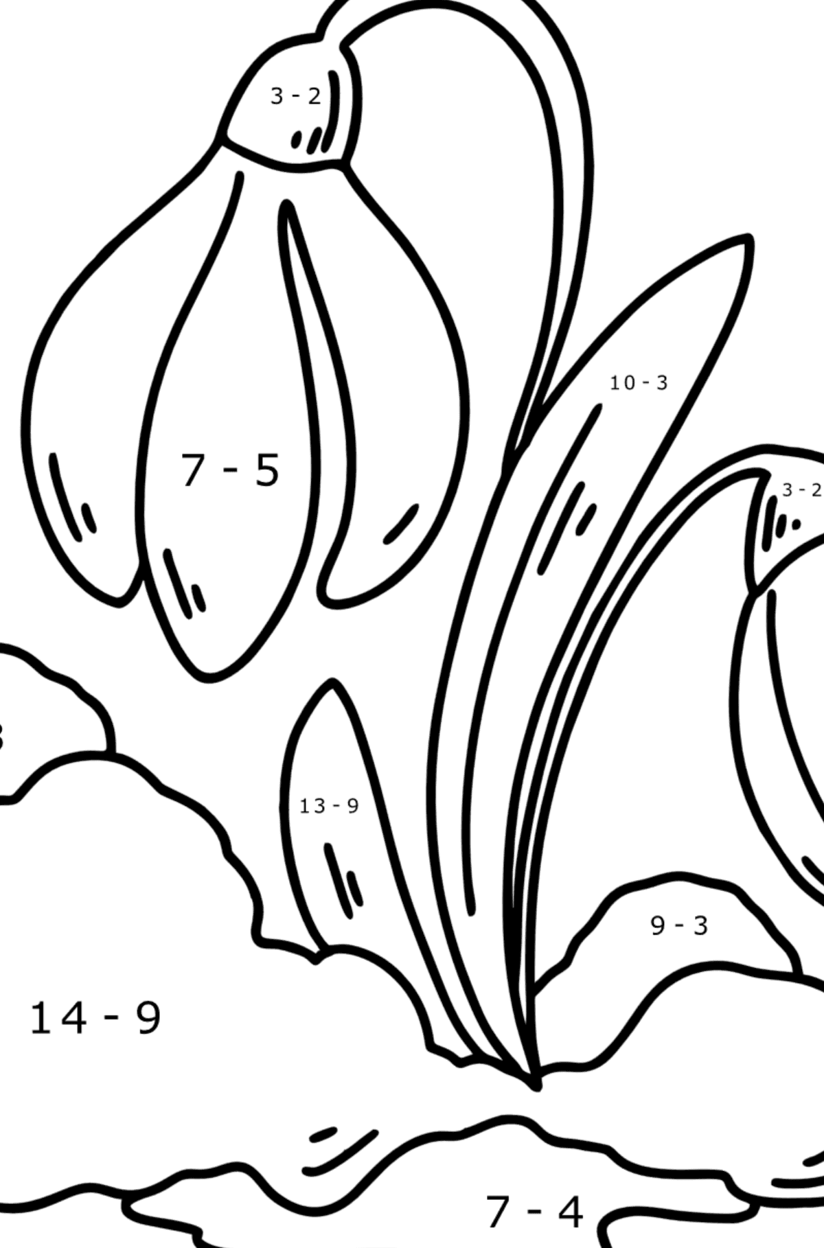 Spring Snowdrops coloring page - Math Coloring - Subtraction for Kids