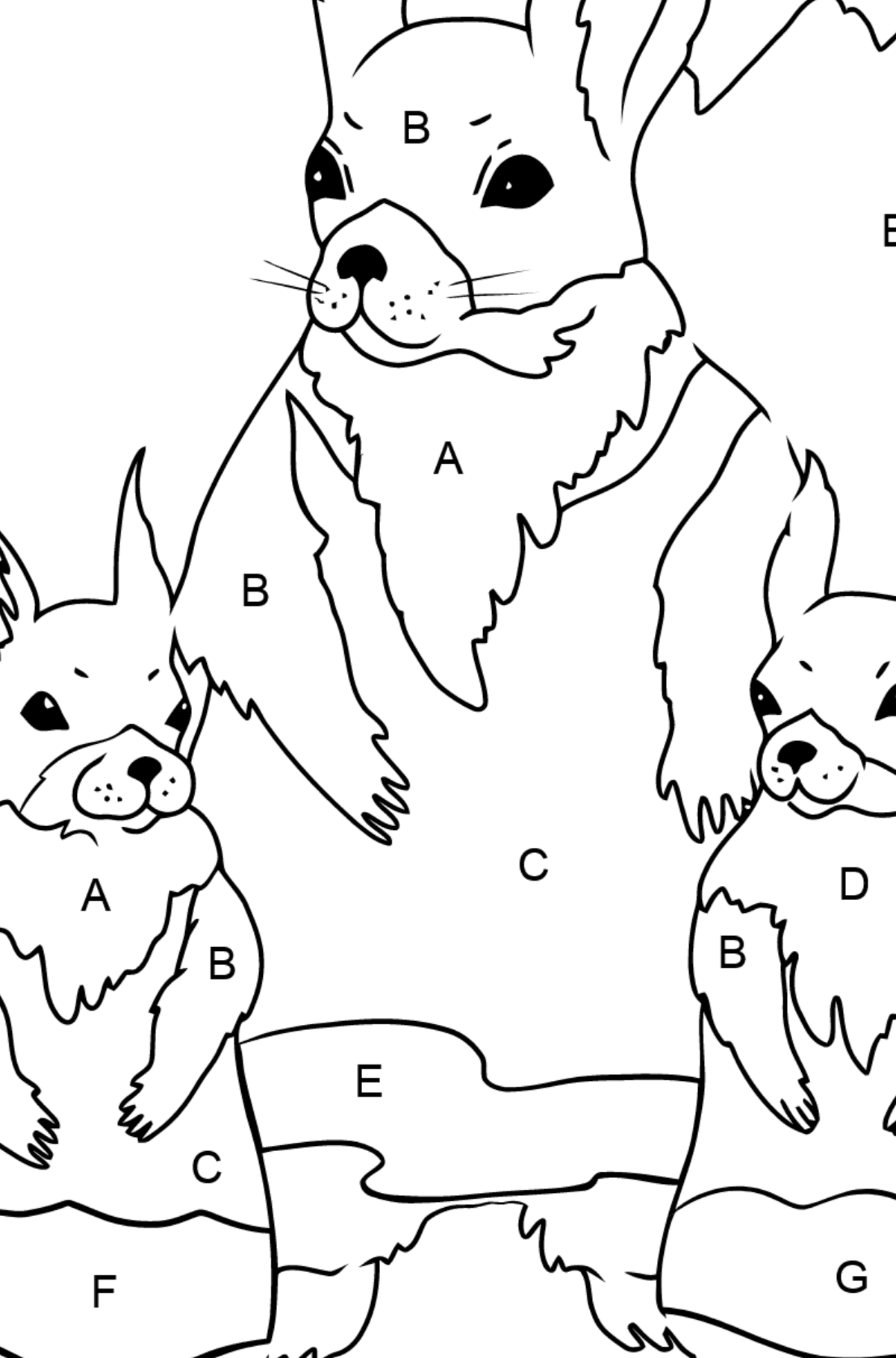 Malvorlagen - Eichhörnchen im Frühling - Ausmalen nach Buchstaben für Kinder