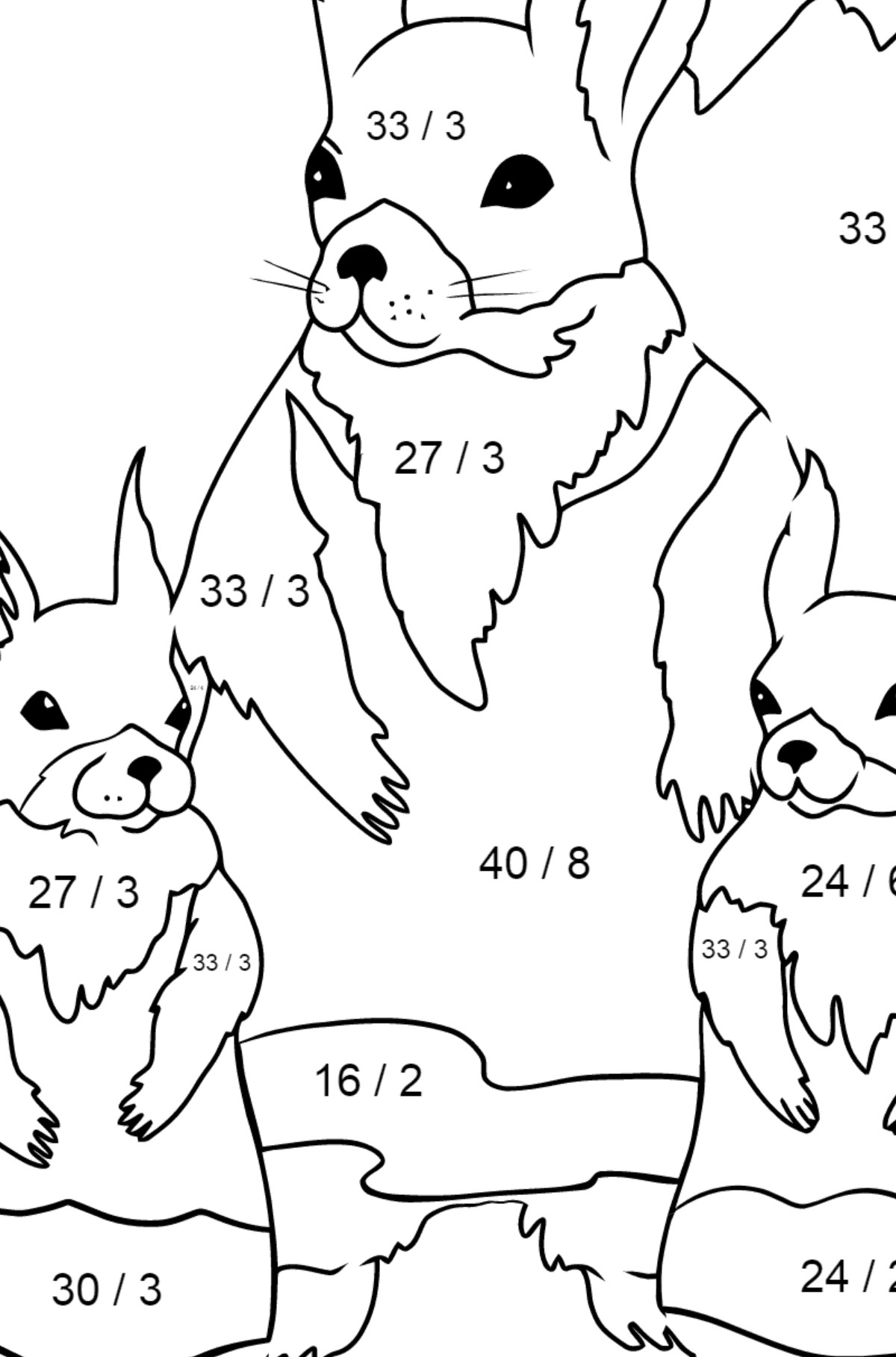 Malvorlagen - Eichhörnchen im Frühling - Mathe Ausmalbilder - Division für Kinder