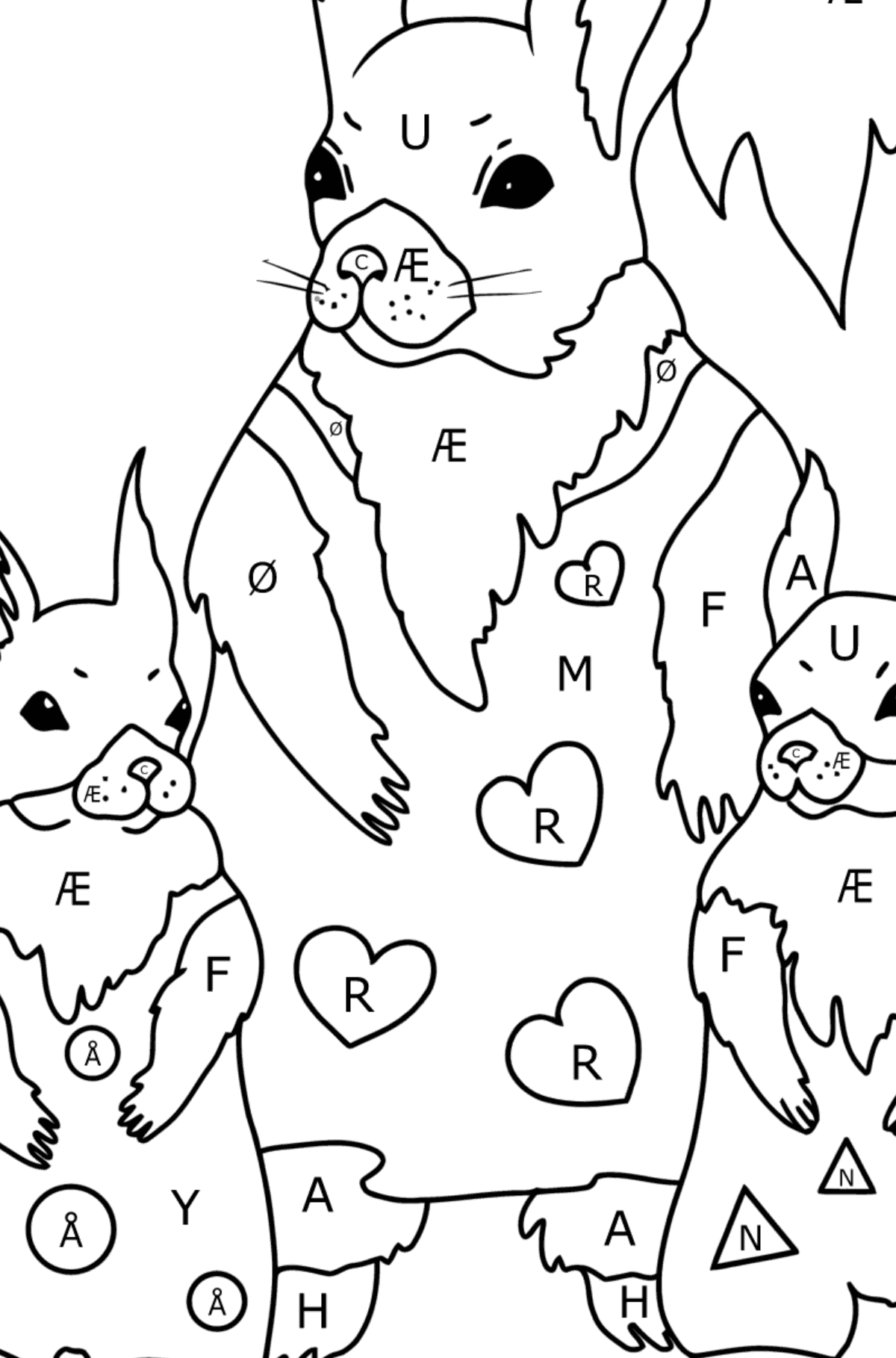 Tegning til farvning forår og egern - Farvelægning af brevene for børn