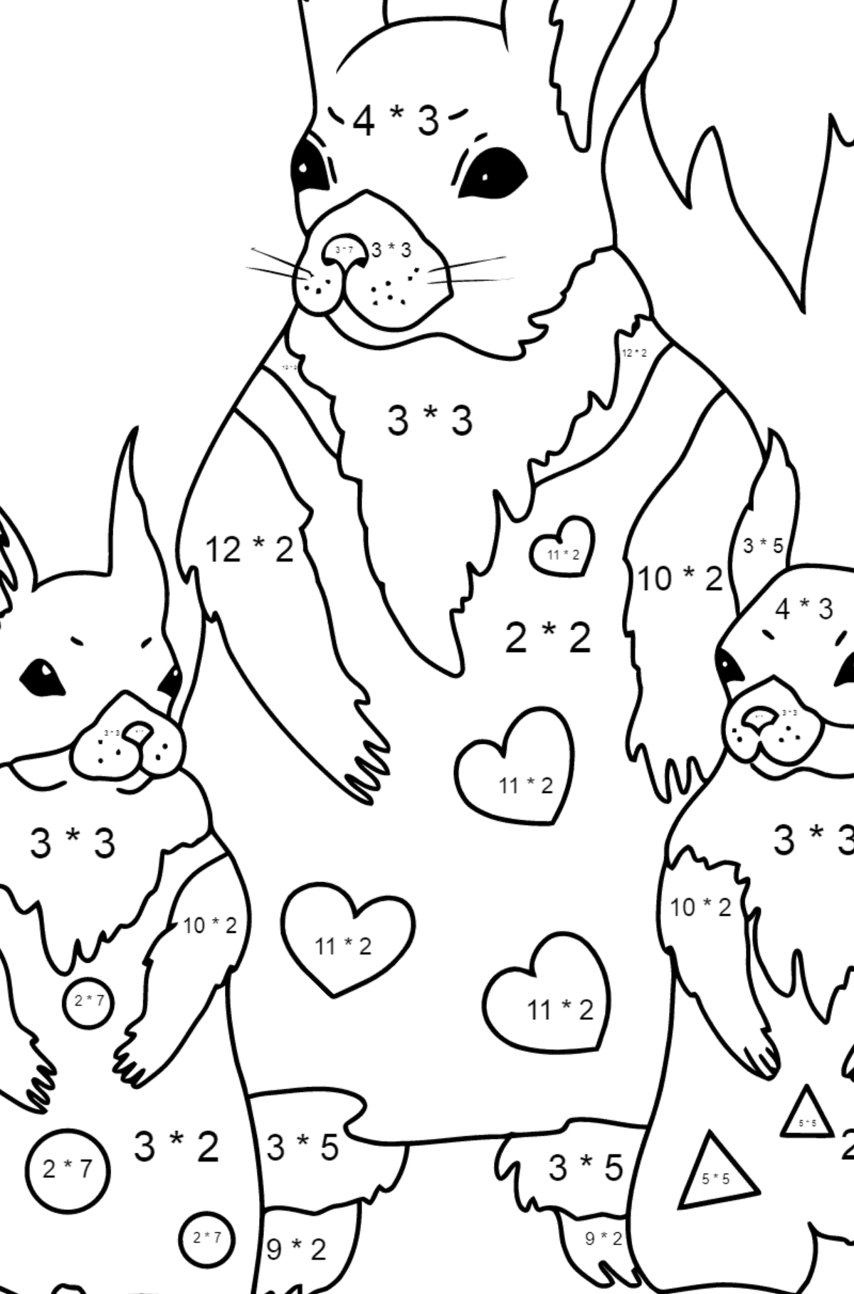 Tegning til farvning forår og egern - Matematisk farvelægning side -- Multiplikation for børn