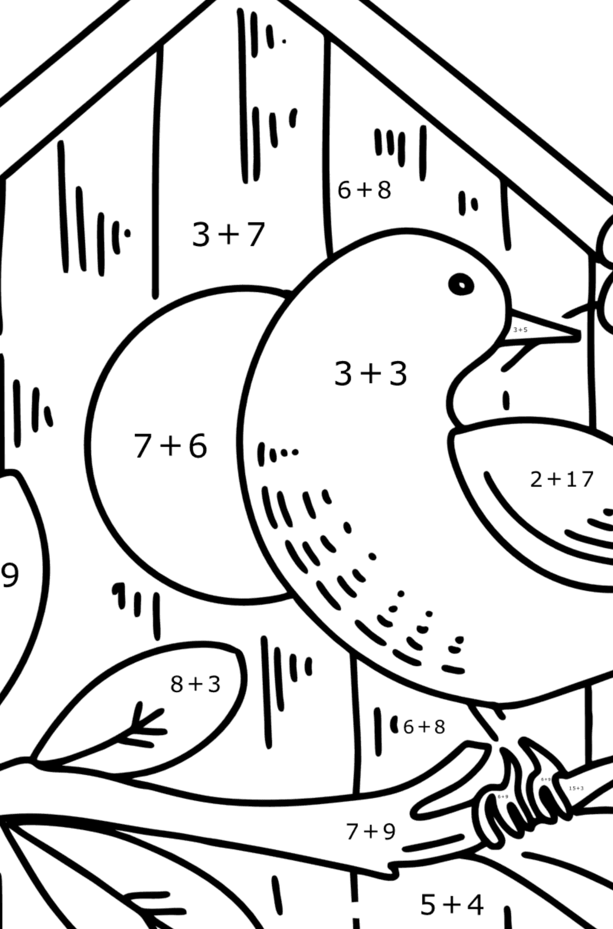 Omalovánka špaček u ptačí budky - Matematická Omalovánka - Sčítání pro děti