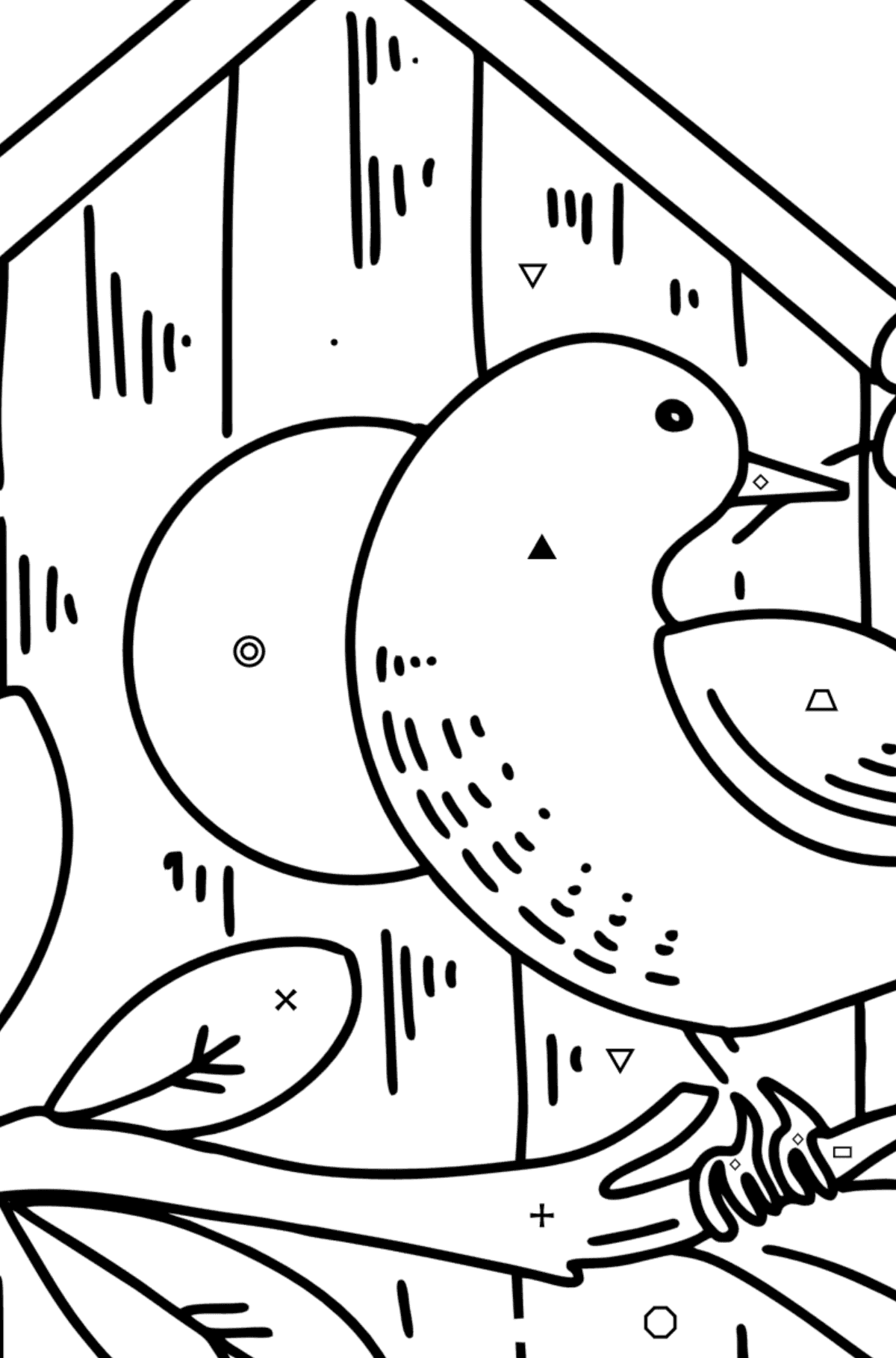 Starling at the Birdhouse coloring page - Coloring by Symbols and Geometric Shapes for Kids