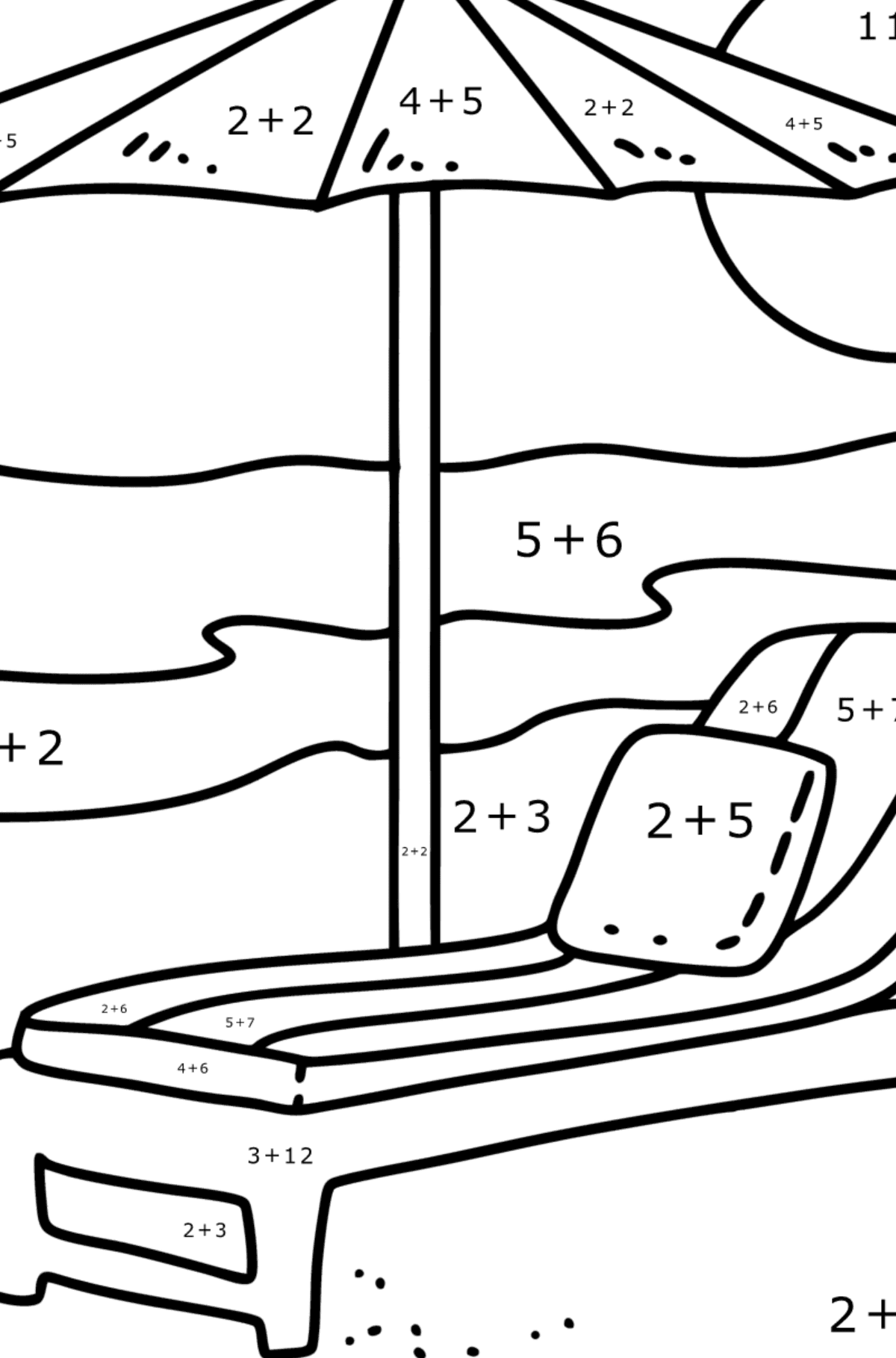 Summer Coloring page - Beach umbrella and Sun lounger - Math Coloring - Addition for Kids