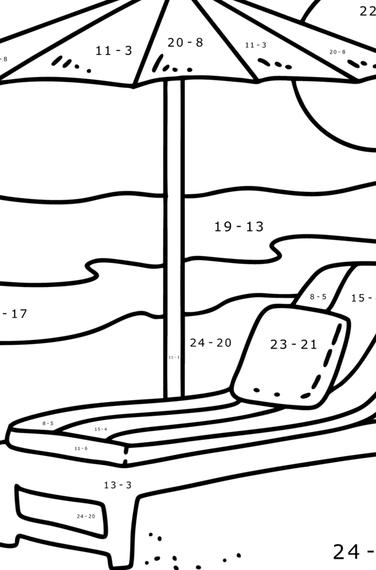 Summer Coloring page - Beach umbrella and Sun lounger - Math Coloring - Subtraction for Kids