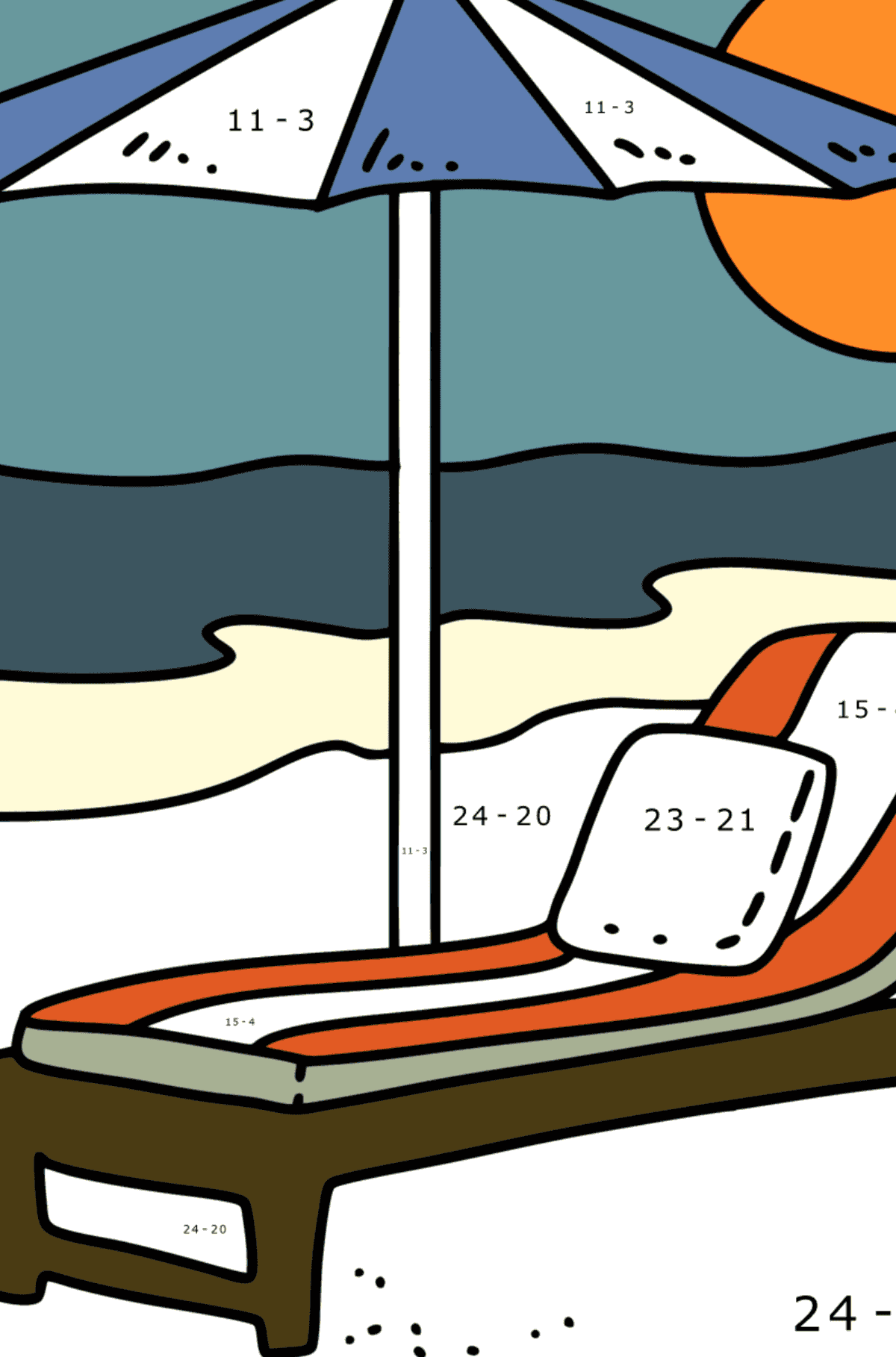 Dibujo para colorear - sombrilla de playa y tumbona - Colorear con Matemáticas - Restas para Niños