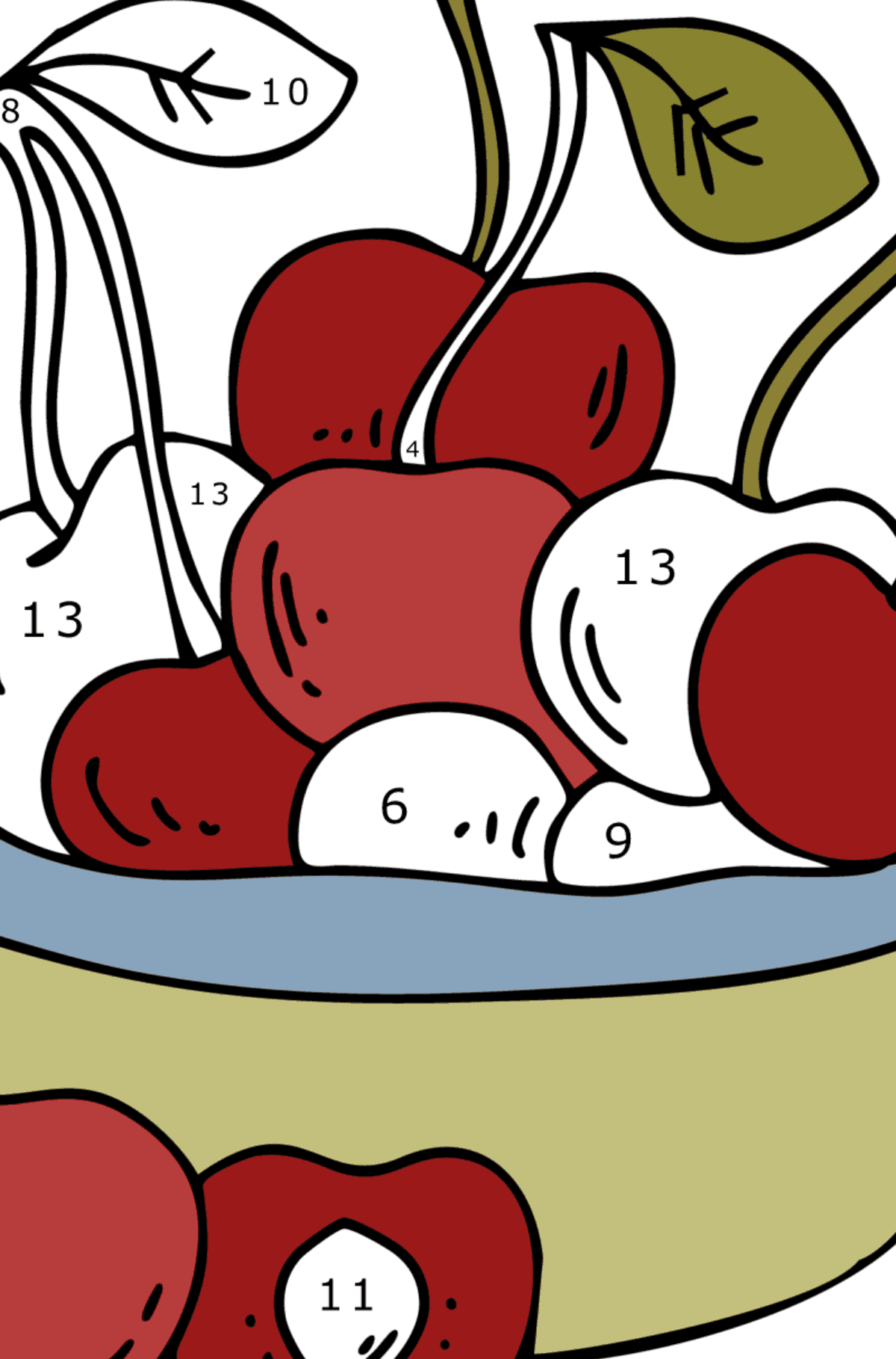 Cherries Plate Coloring Page - Coloring by Numbers for Kids