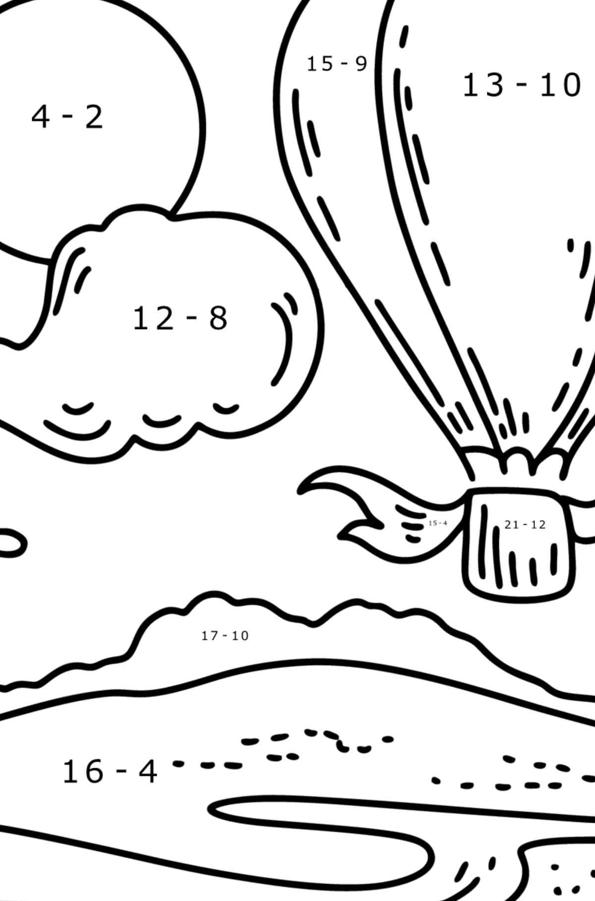 Coloring page - hot air balloon - Math Coloring - Subtraction for Kids