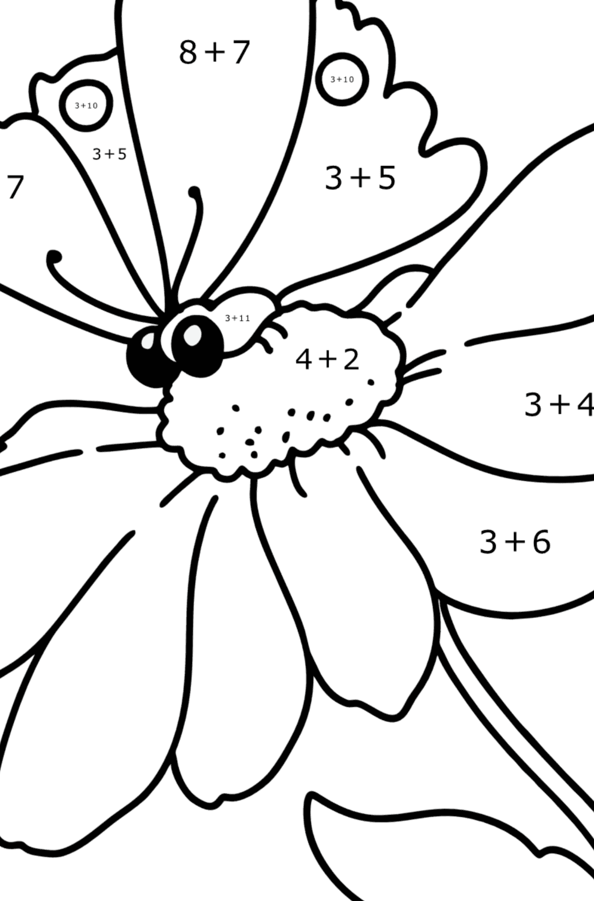 Ausmalbild Sommer - Blumen und Schmetterling - Mathe Ausmalbilder - Addition für Kinder