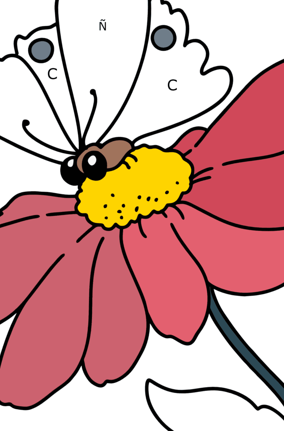 Dibujo para colorear Verano - Flores y mariposas - Colorear por Letras para Niños