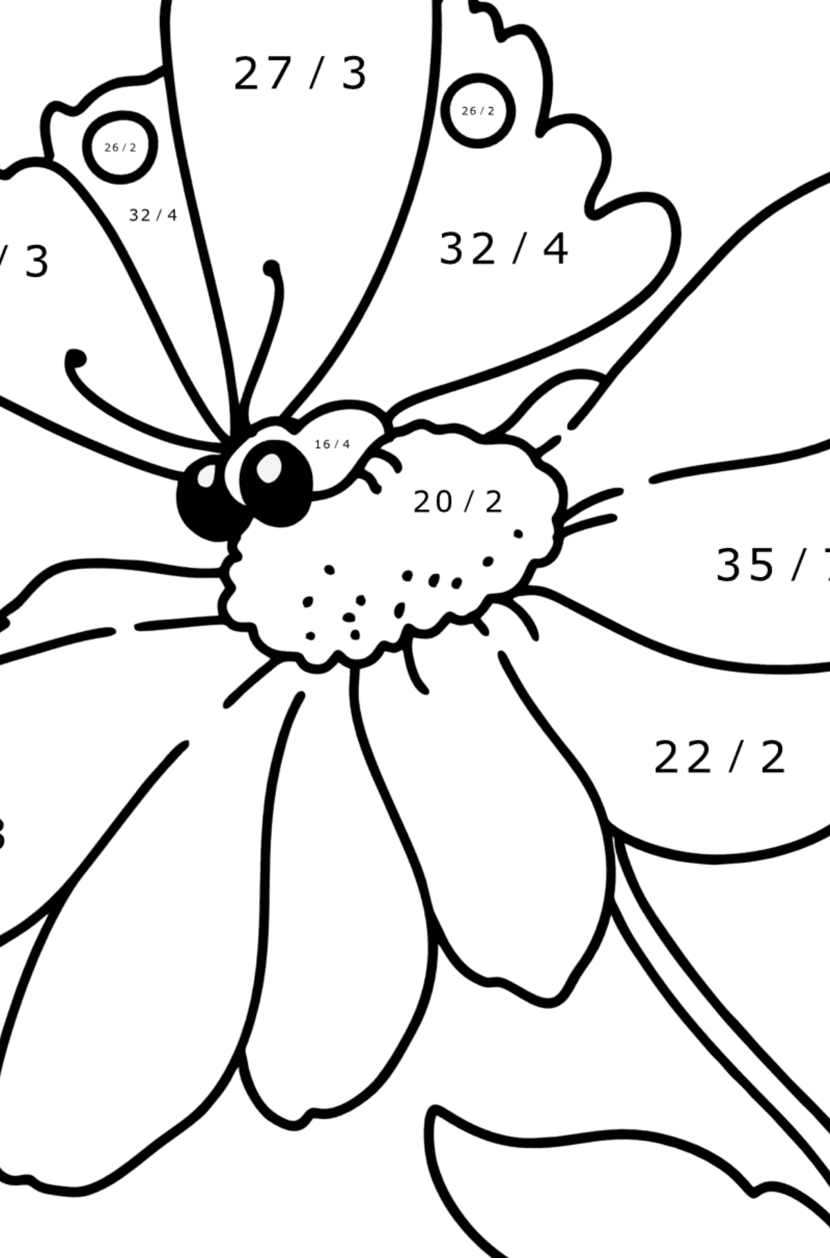 Ausmalbild Sommer - Blumen und Schmetterling - Mathe Ausmalbilder - Division für Kinder