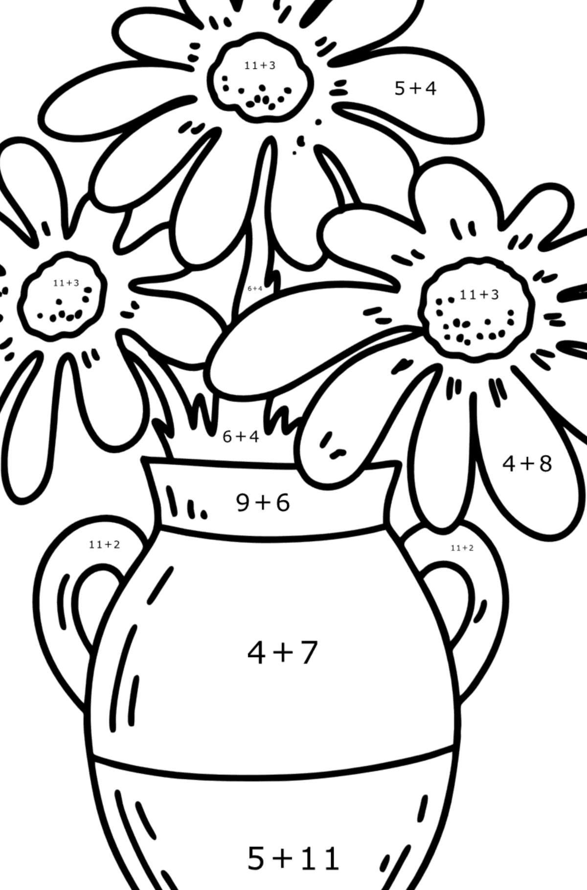 Omalovánka léto - květiny ve váze - Matematická Omalovánka - Sčítání pro děti