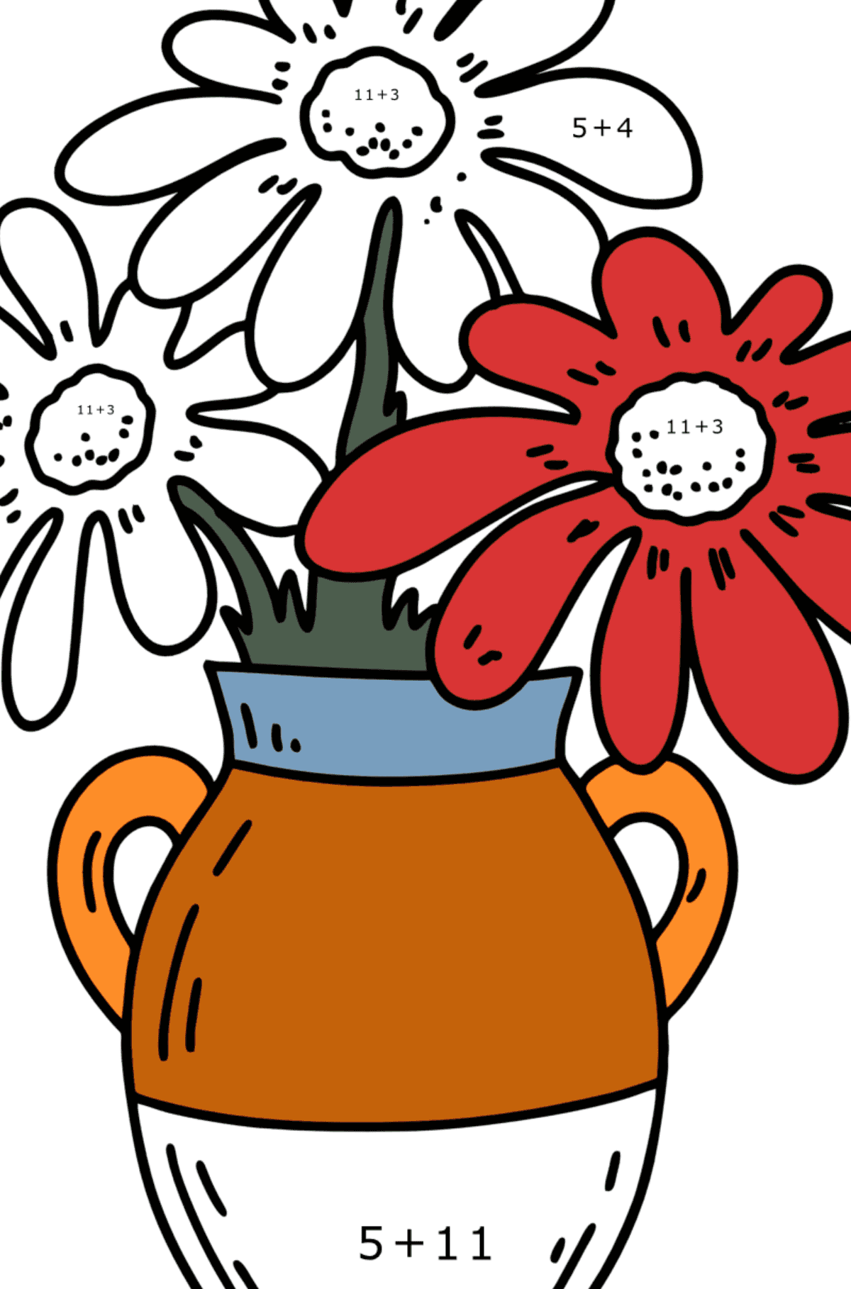 Desenho para colorir de verão - flores em um vaso - Colorindo com Matemática - Soma para Crianças