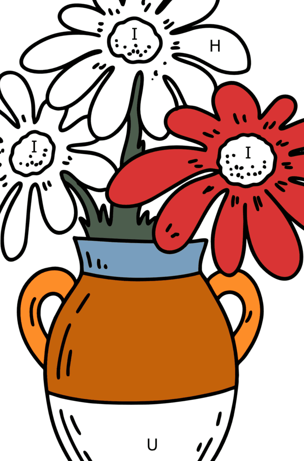 Coloriage été - Fleurs dans un vase - Coloriage par Lettres pour les Enfants