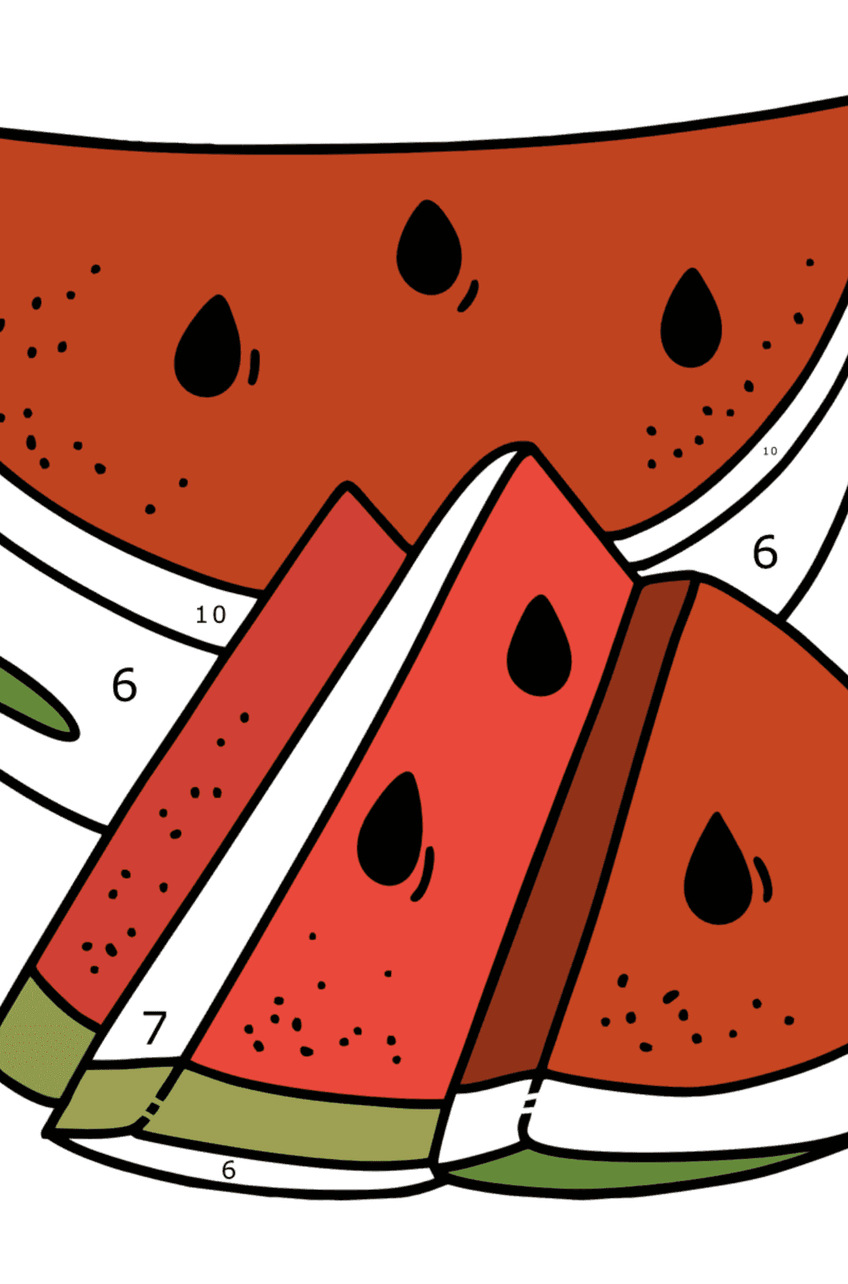 Ausmalbild Sommer - Saftige Wassermelone - Malen nach Zahlen für Kinder