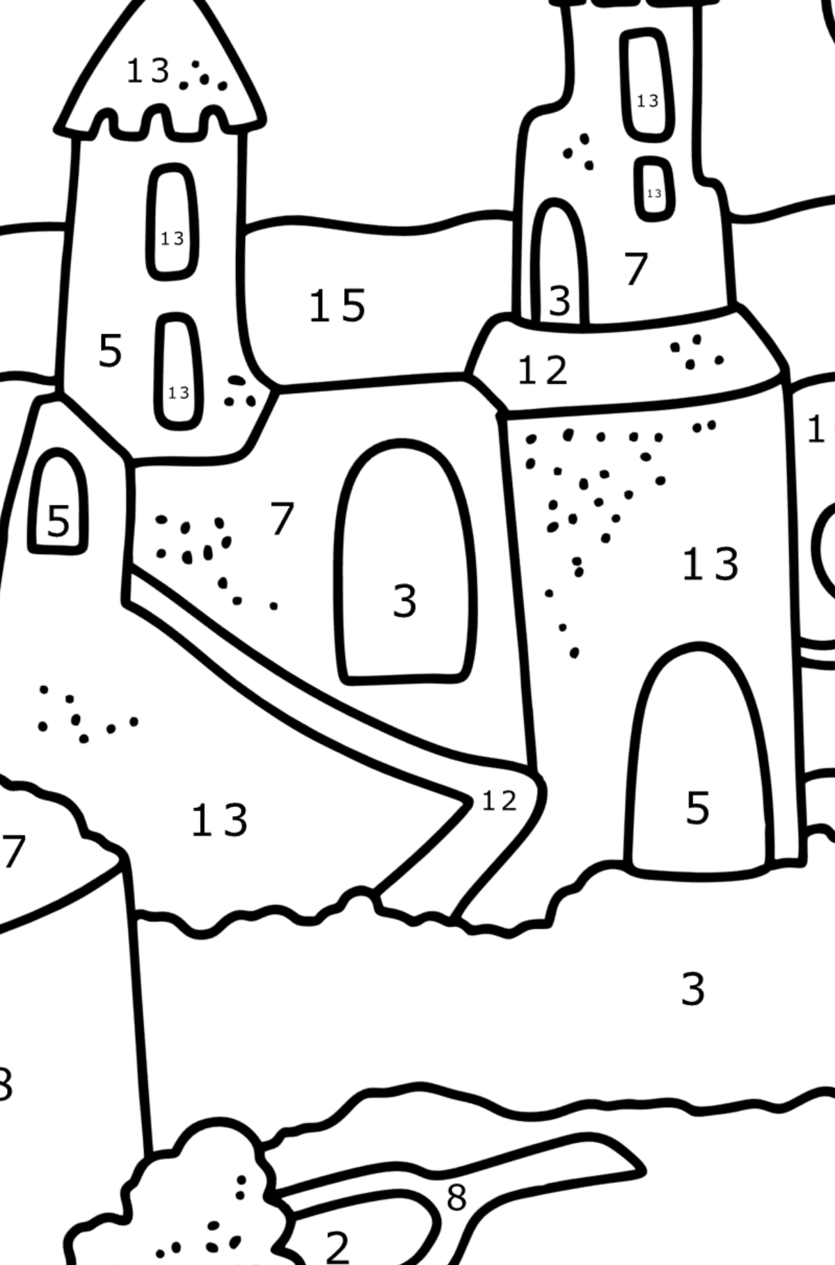 Ausmalbild Sommer - Sandburg - Malen nach Zahlen für Kinder