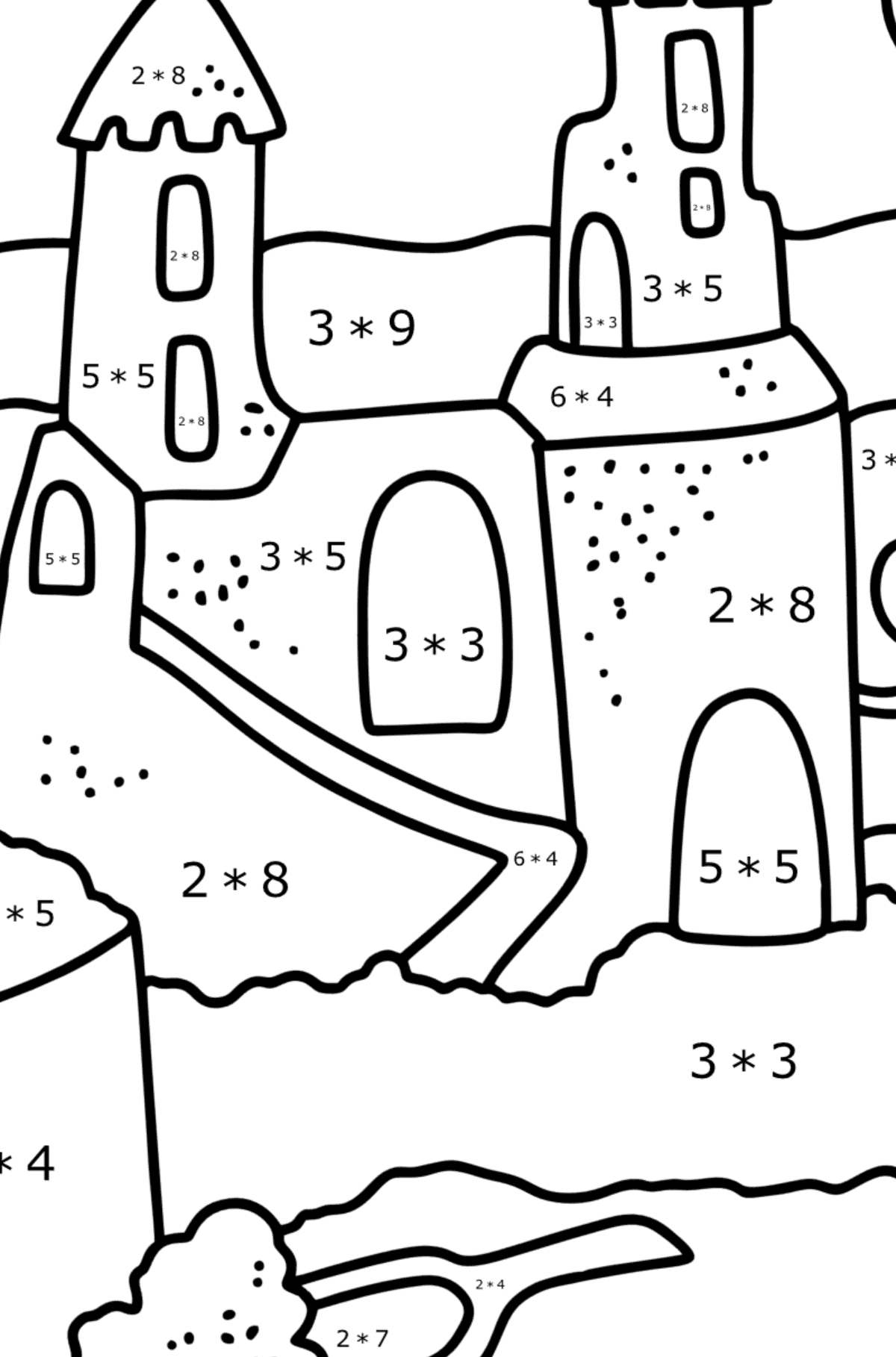 Desenho para colorir Verão - Castelo de areia - Colorindo com Matemática - Multiplicação para Crianças