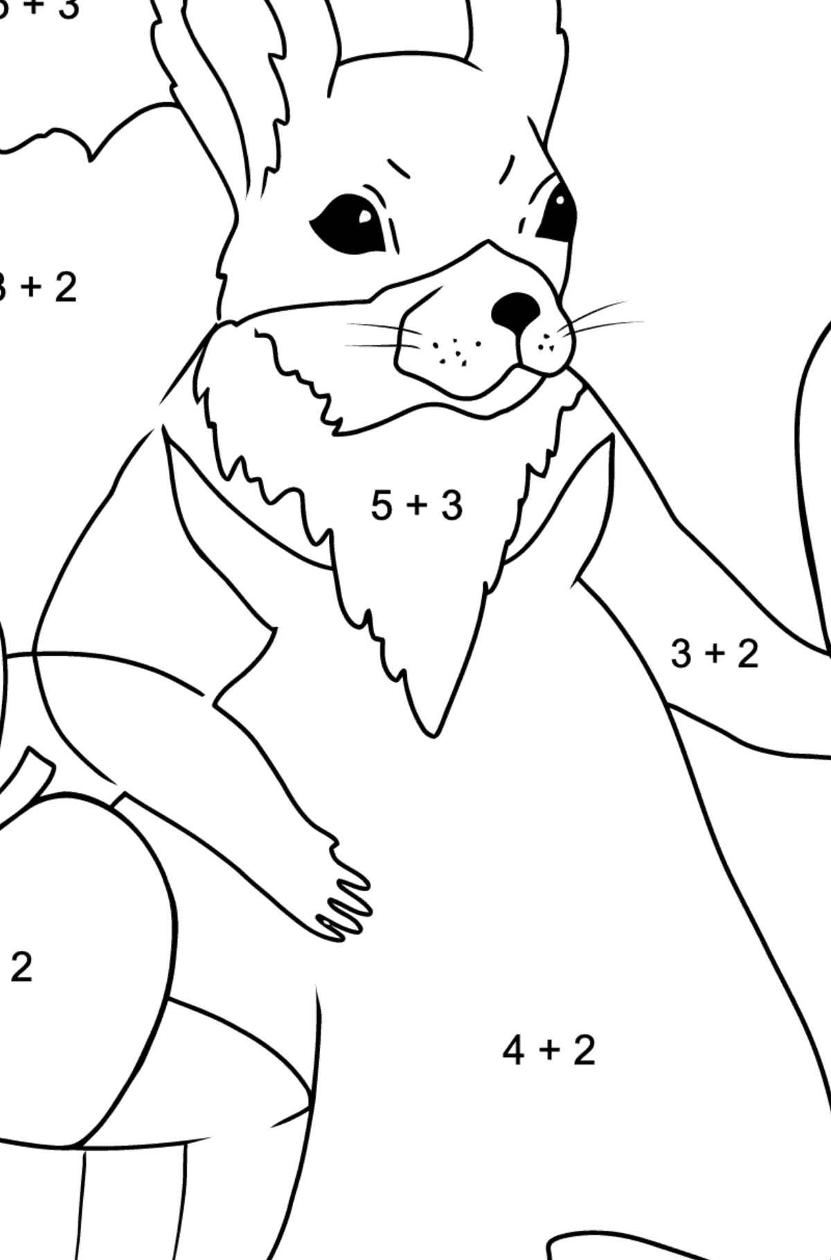 Eichhörnchen Ausmalbild für Kinder - Mathe Ausmalbilder - Addition für Kinder