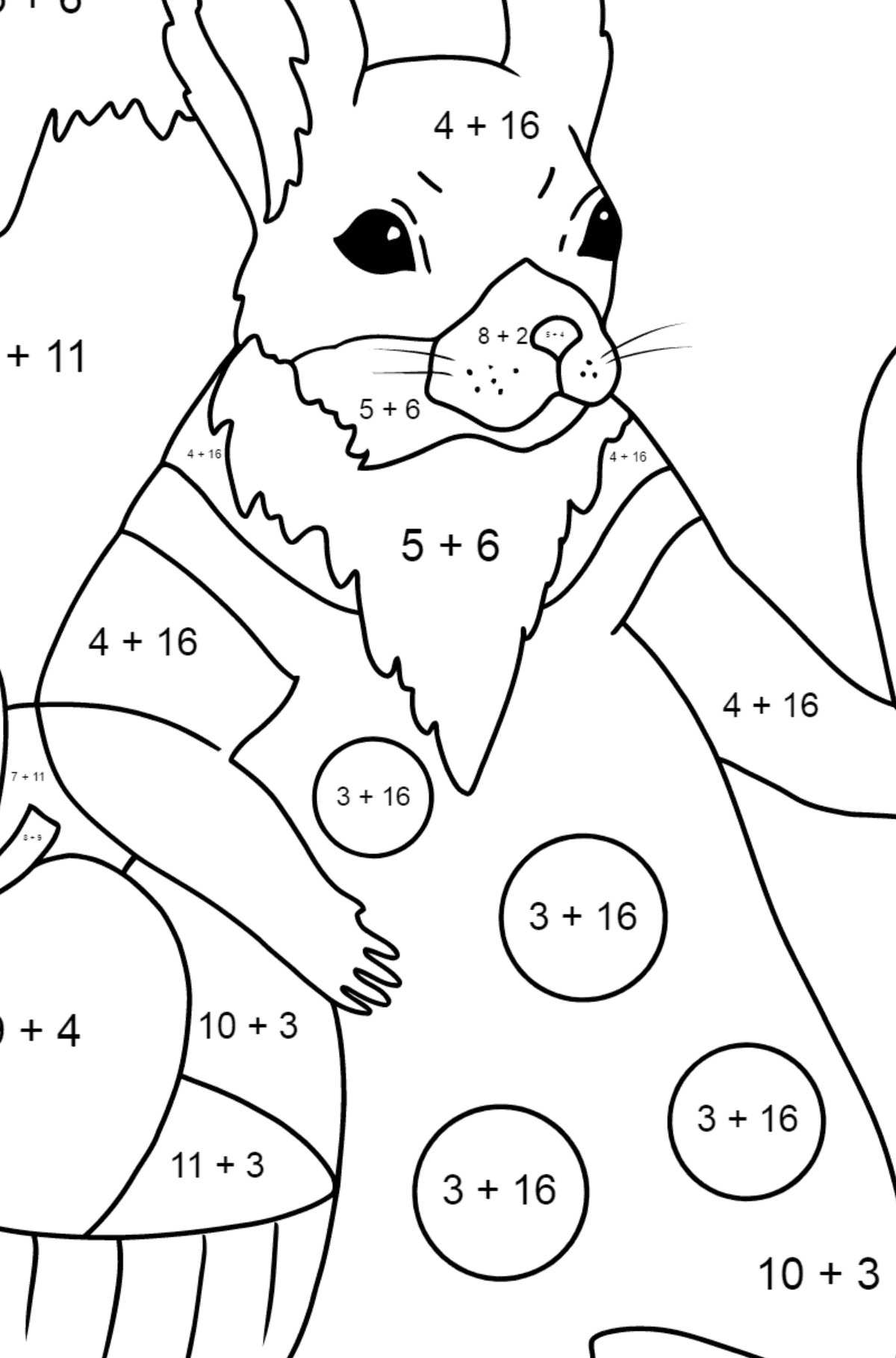 Ausmalbild: Sommer und Eichhörnchen - Mathe Ausmalbilder - Addition für Kinder