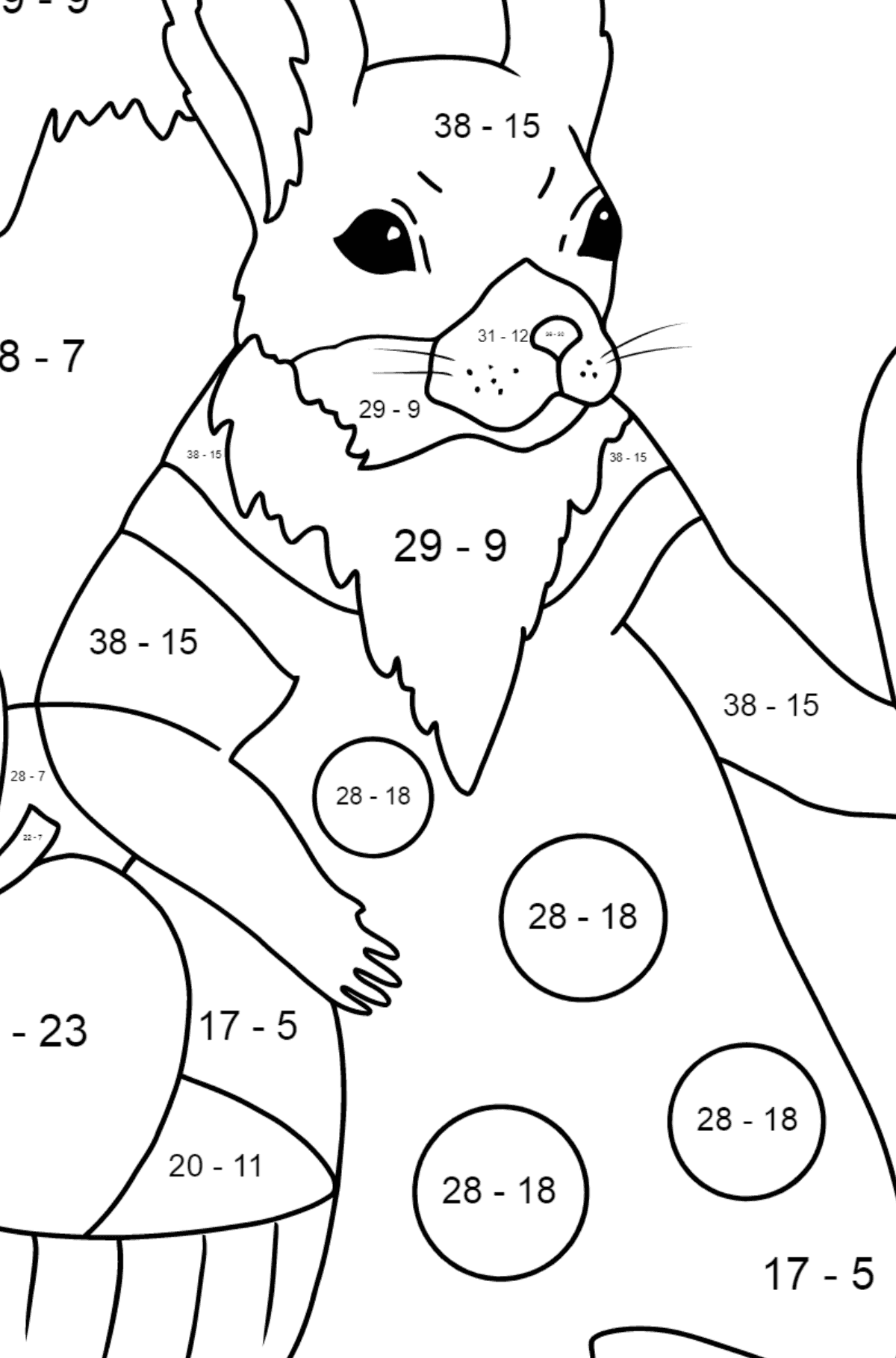 Ausmalbild: Sommer und Eichhörnchen - Mathe Ausmalbilder - Subtraktion für Kinder