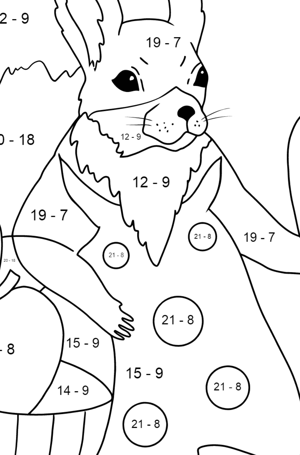 Sommerfärbung - Eichhörnchen - Mathe Ausmalbilder - Subtraktion für Kinder