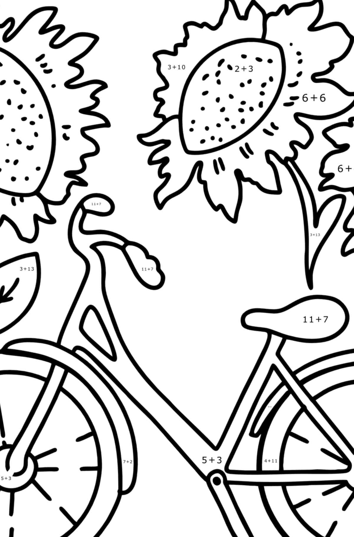 Ausmalbild Sommer - Fahrrad und Sonnenblumen - Mathe Ausmalbilder - Addition für Kinder