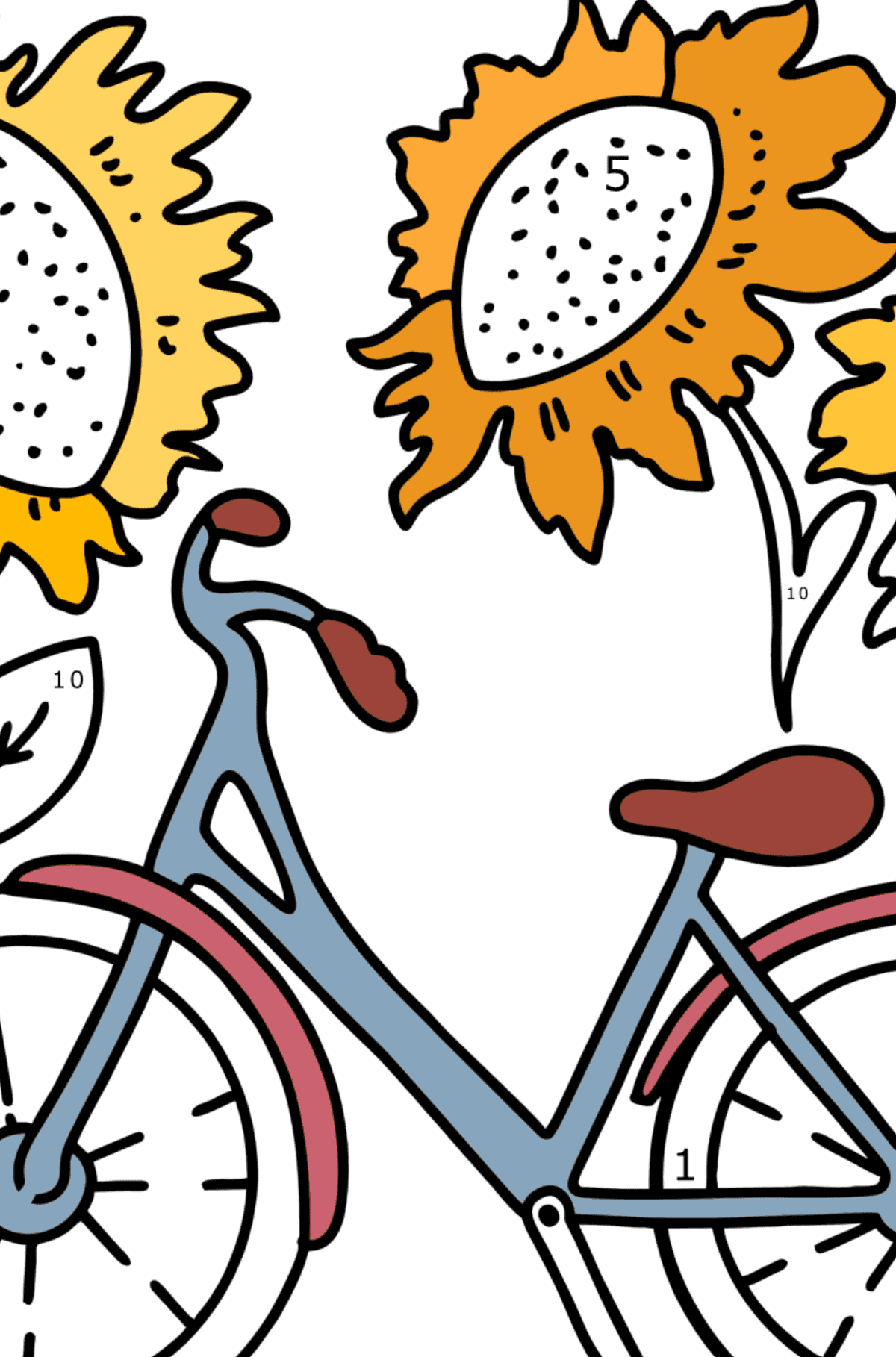 Ausmalbild Sommer - Fahrrad und Sonnenblumen - Malen nach Zahlen für Kinder