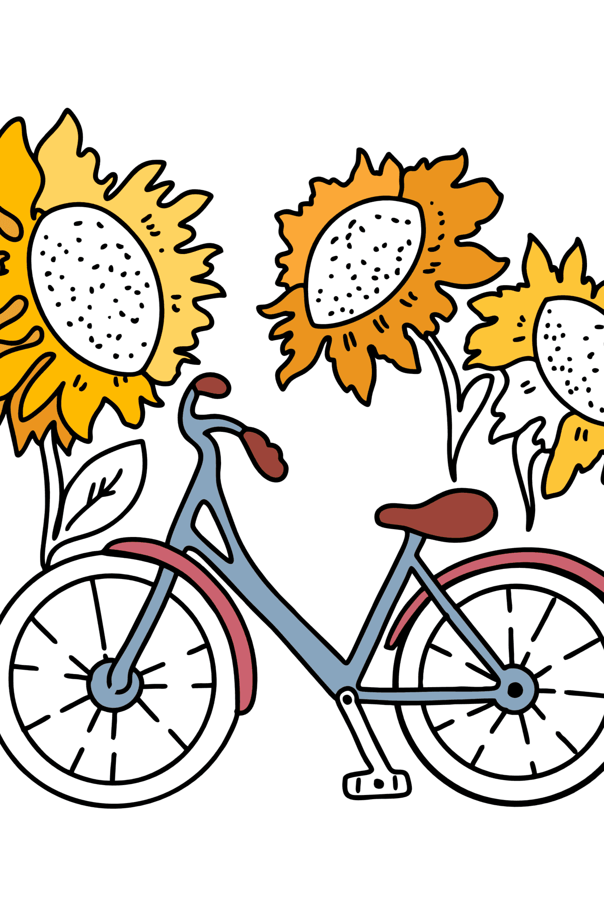 Kleurplaat fiets en zonnebloemen - kleurplaten voor kinderen