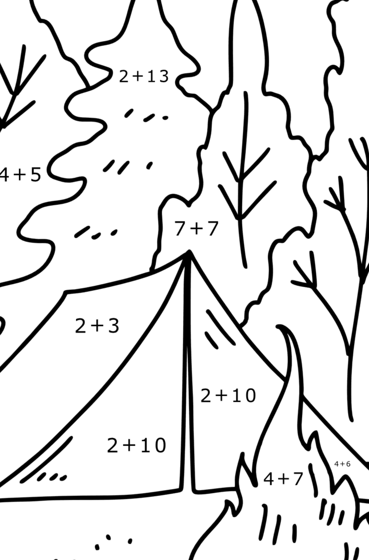 Omalovánka stan v lese - Matematická Omalovánka - Sčítání pro děti
