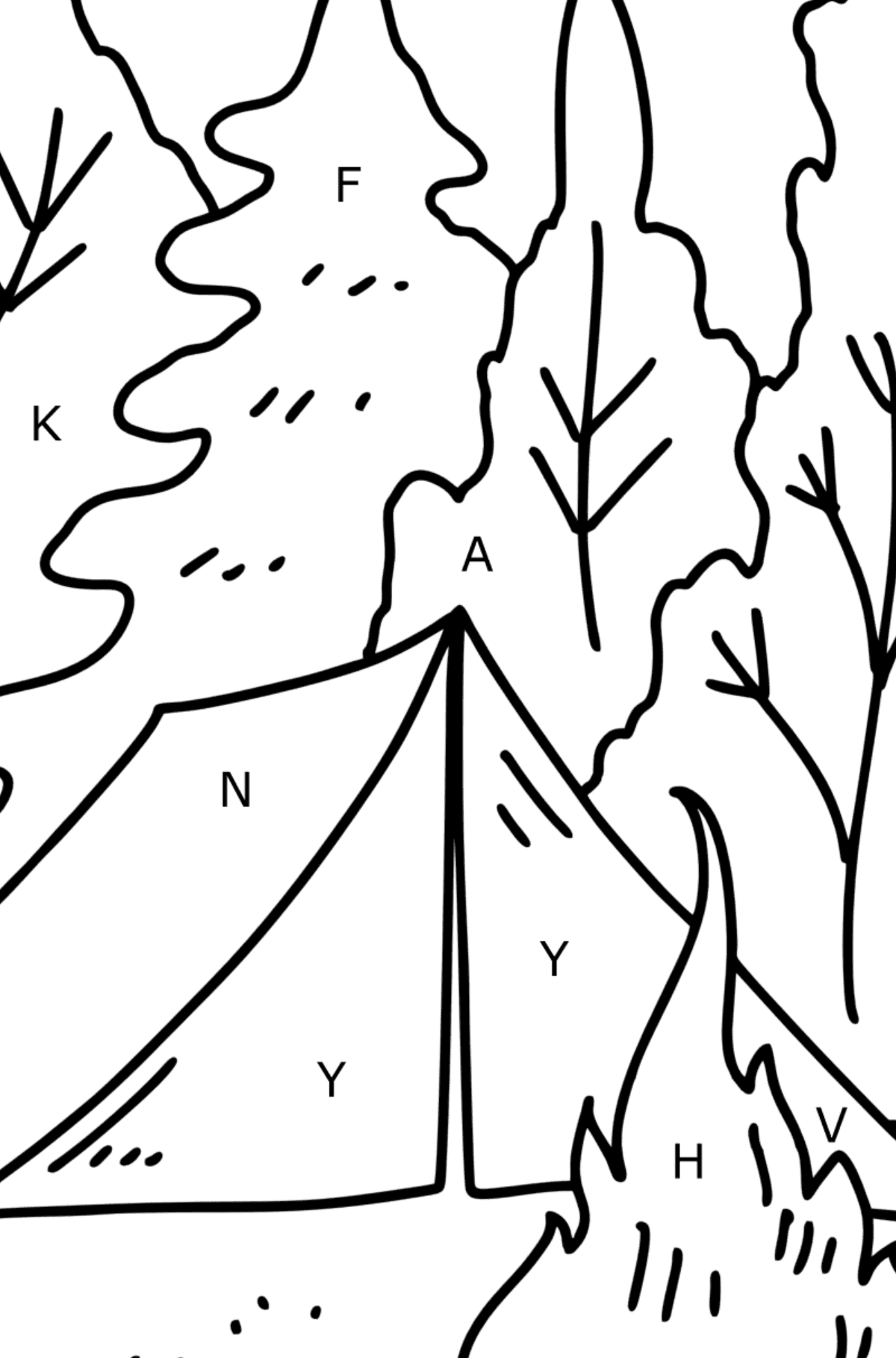 Summer Coloring page - Tent in the Forest - Coloring by Letters for Kids