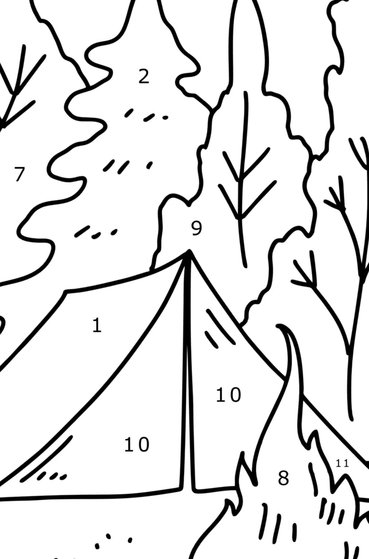 Summer Coloring page - Tent in the Forest - Coloring by Numbers for Kids