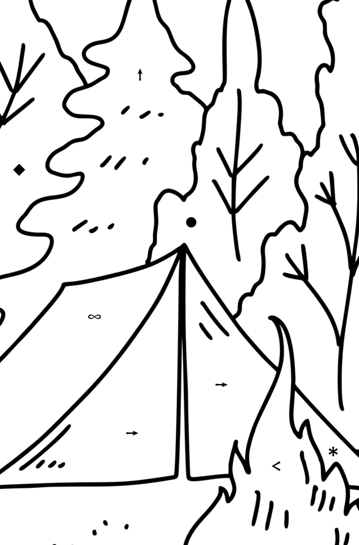 Summer Coloring page - Tent in the Forest - Coloring by Symbols for Kids