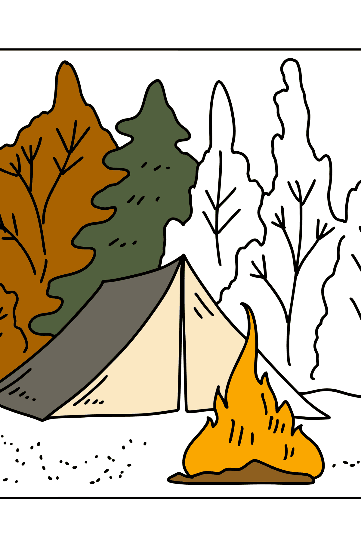 Ausmalbild - Zelt im Wald - Malvorlagen für Kinder