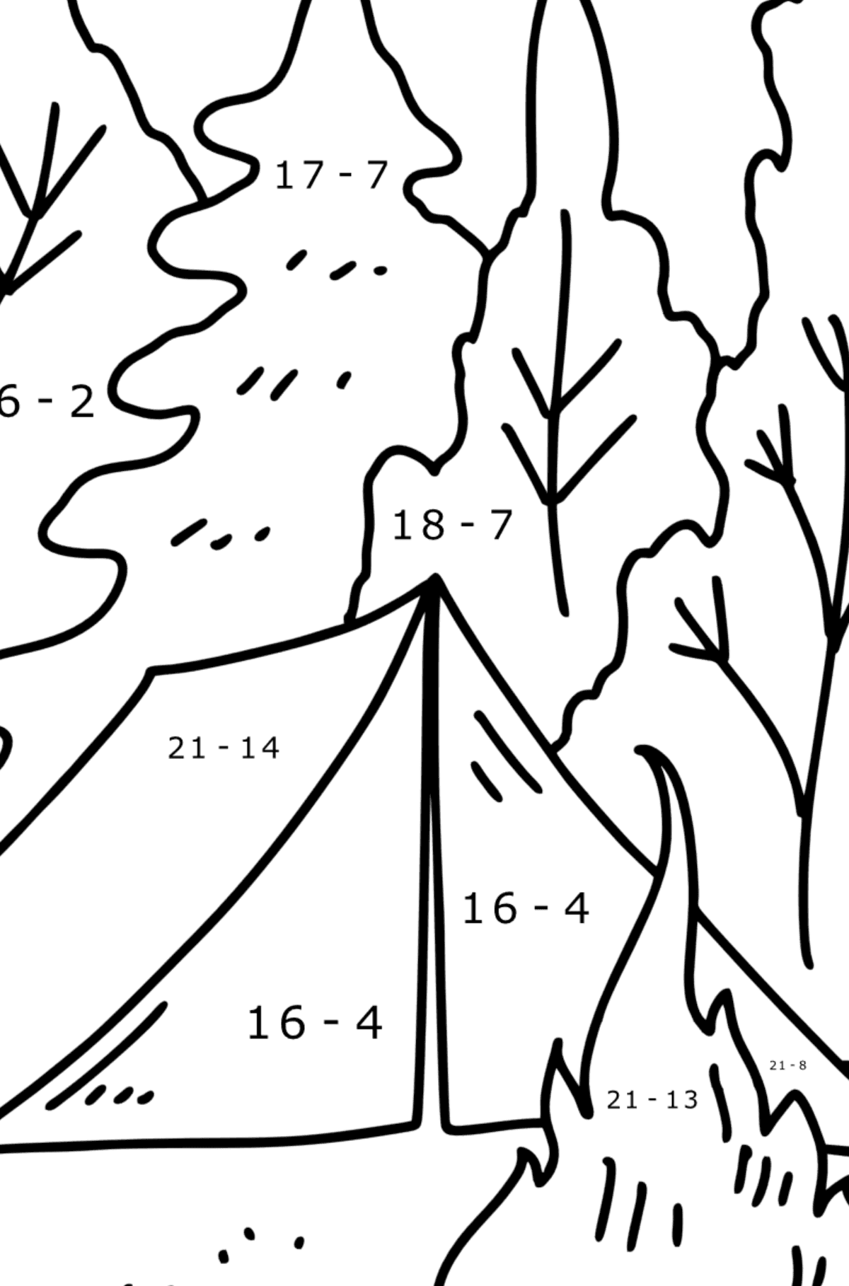 Ausmalbild - Zelt im Wald - Mathe Ausmalbilder - Subtraktion für Kinder