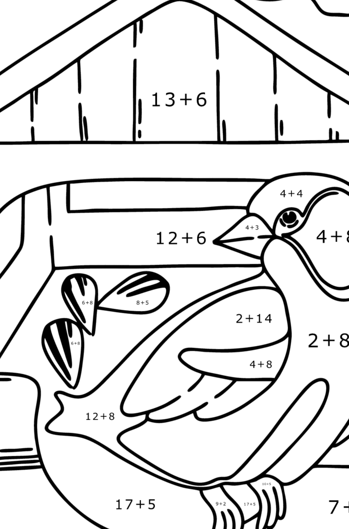 Coloring page - Bird feeder - Math Coloring - Addition for Kids